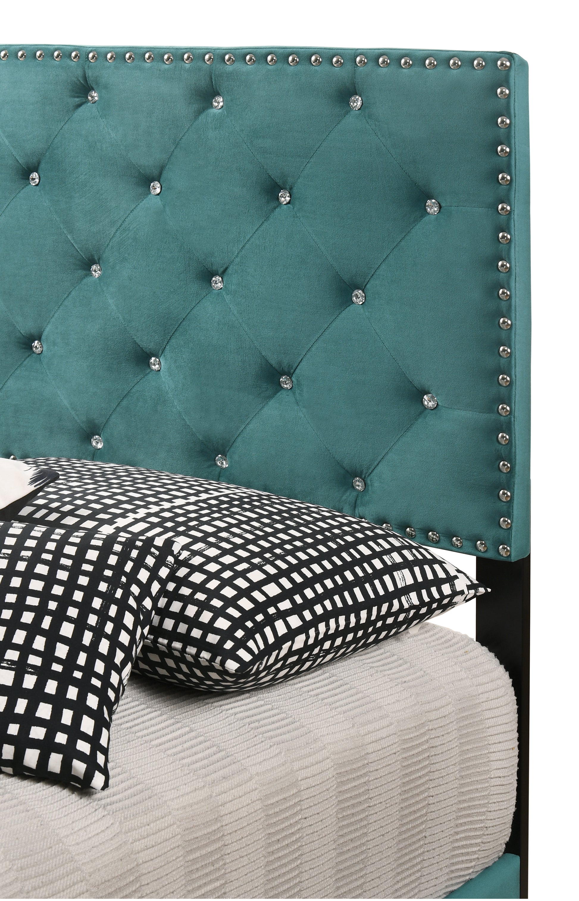 Teal velvet headboard with diamond tufting and crystal accents