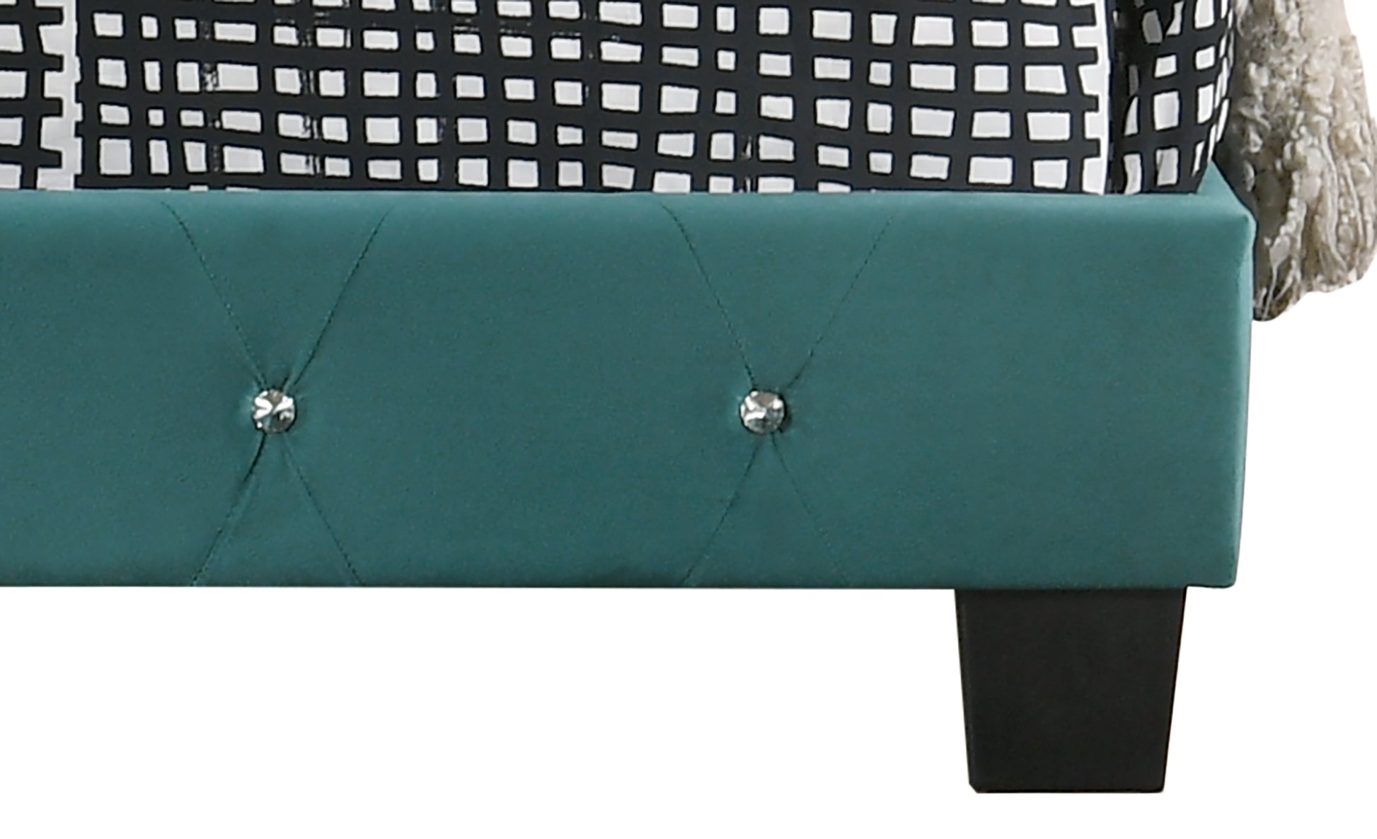 Teal velvet upholstered bed frame with diamond tufting and crystal accents