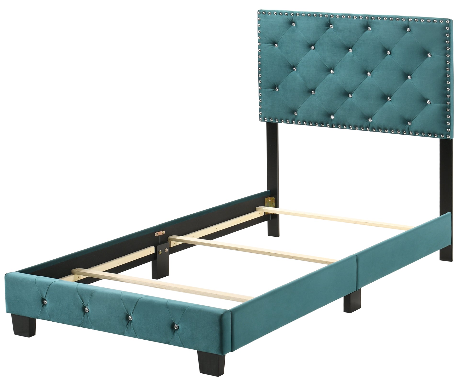 Teal velvet tufted twin bed frame with crystal and nailhead trim