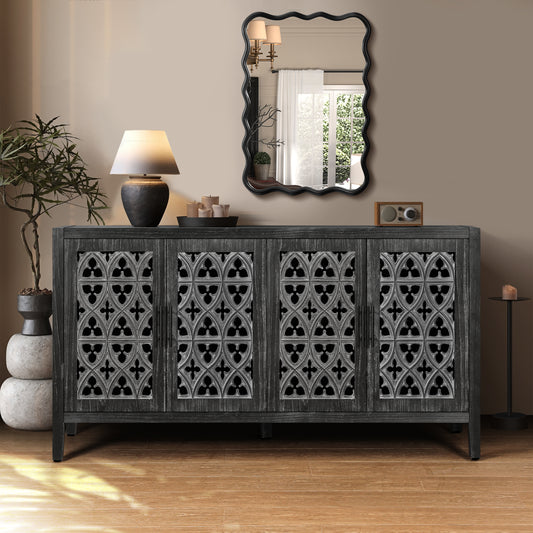 Dark gray distressed wood sideboard with ornate metal door inserts