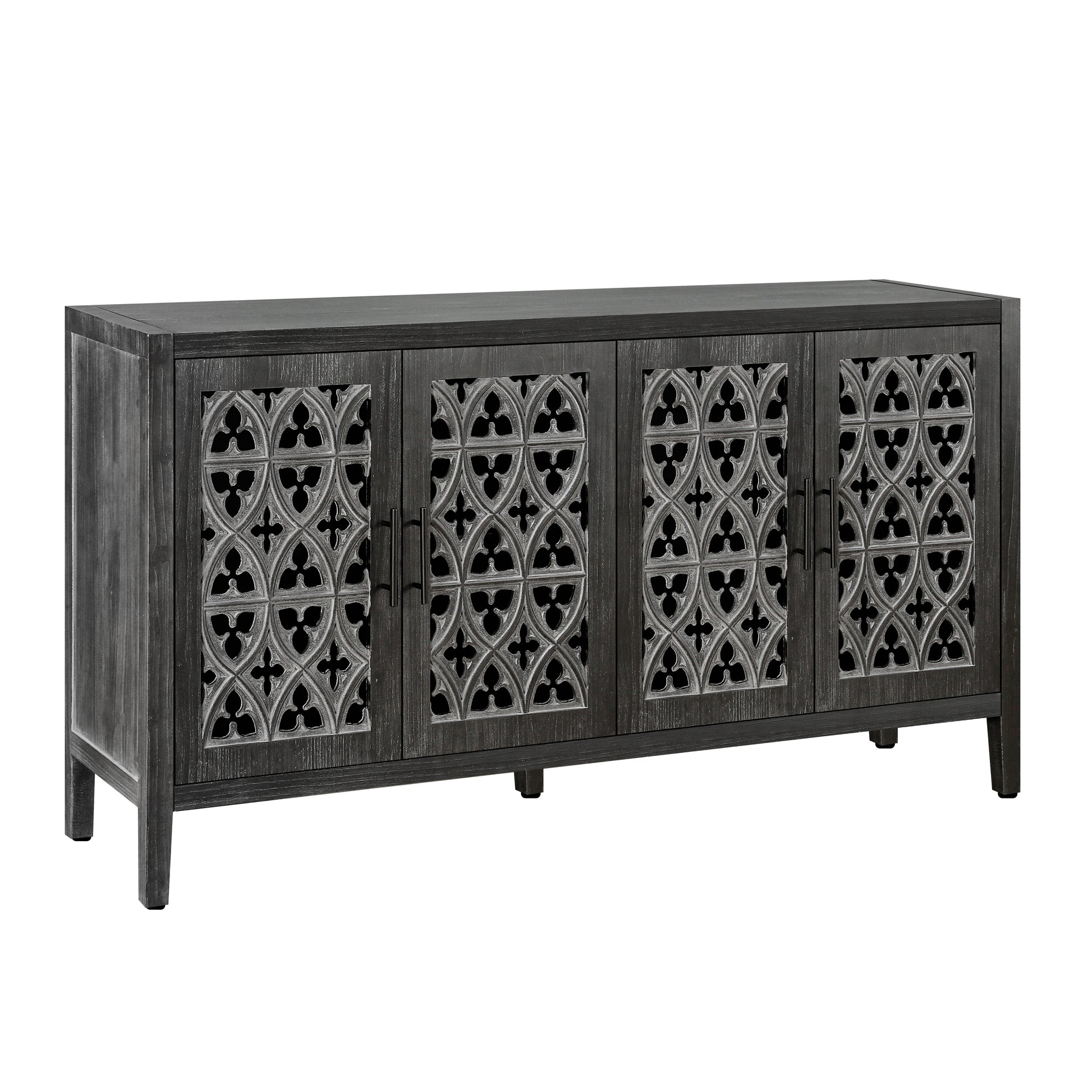 Dark grey distressed wood sideboard with intricate carved doors