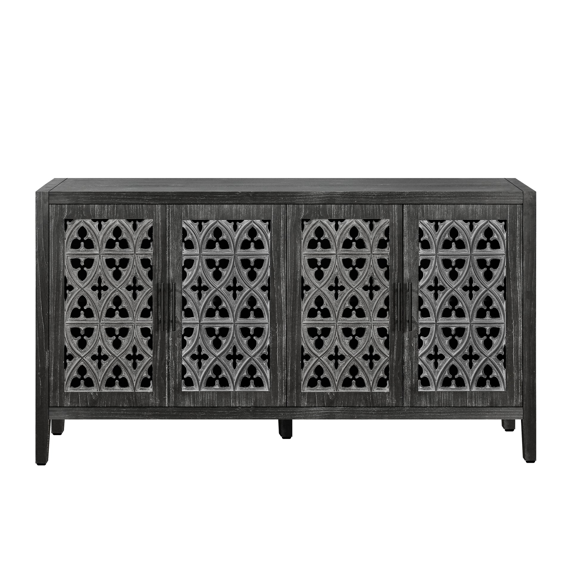 Dark grey reclaimed wood sideboard with ornate carved doors for storage