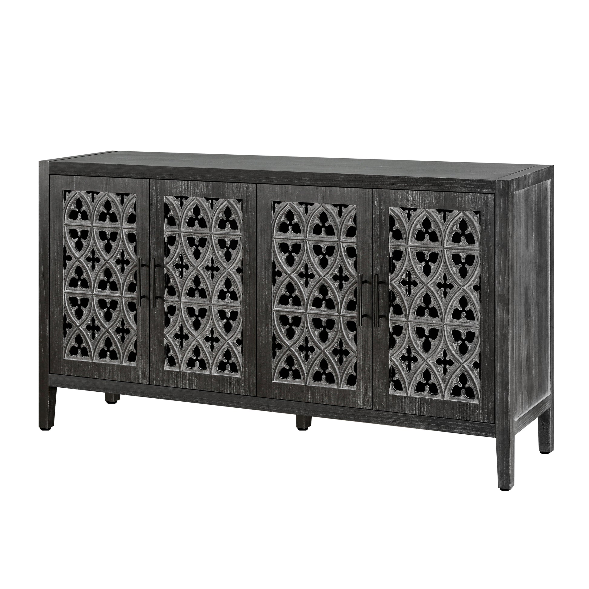 Dark gray fourdoor sideboard with ornate carved metal inserts