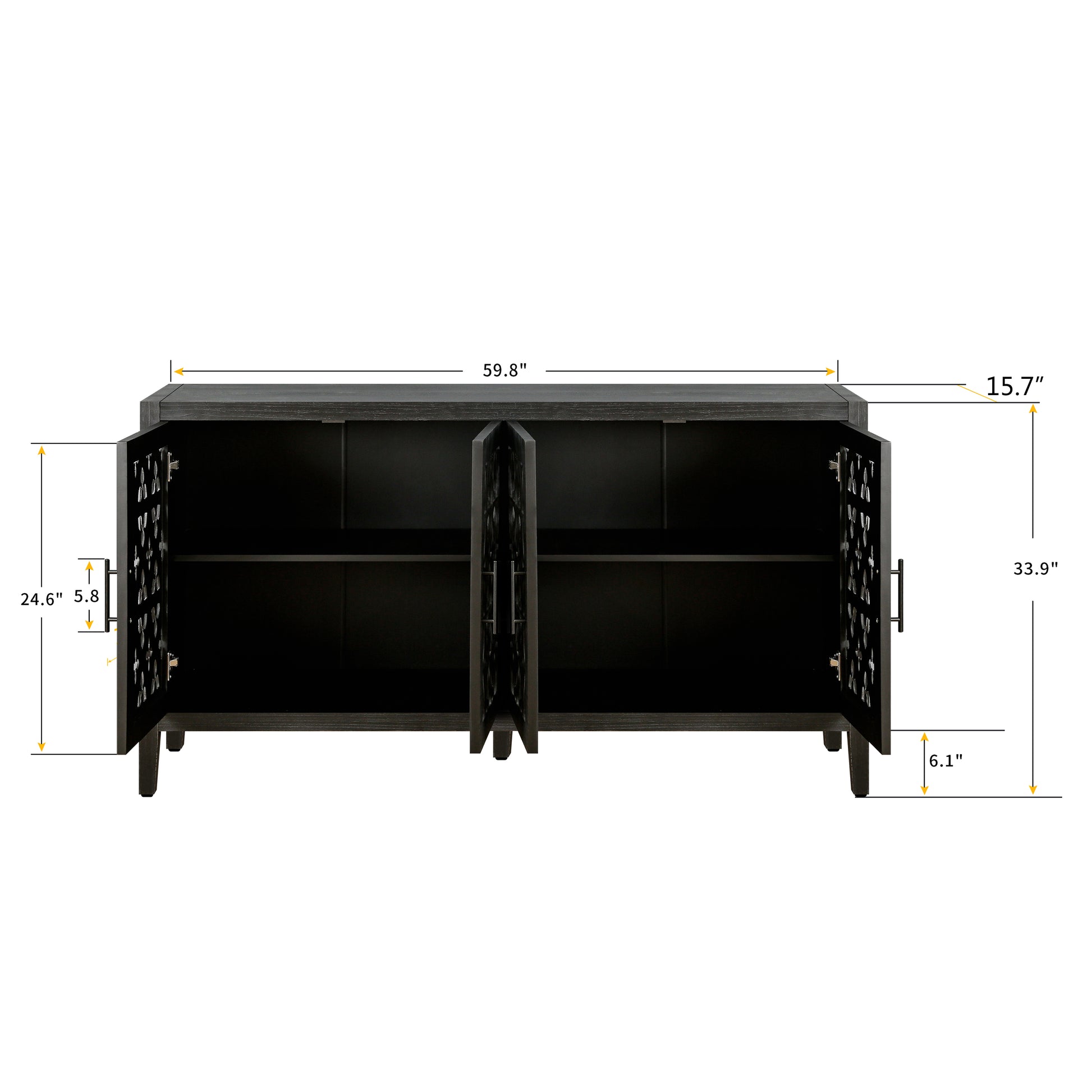 Dark gray sideboard with carved doors and open compartments  W x  H