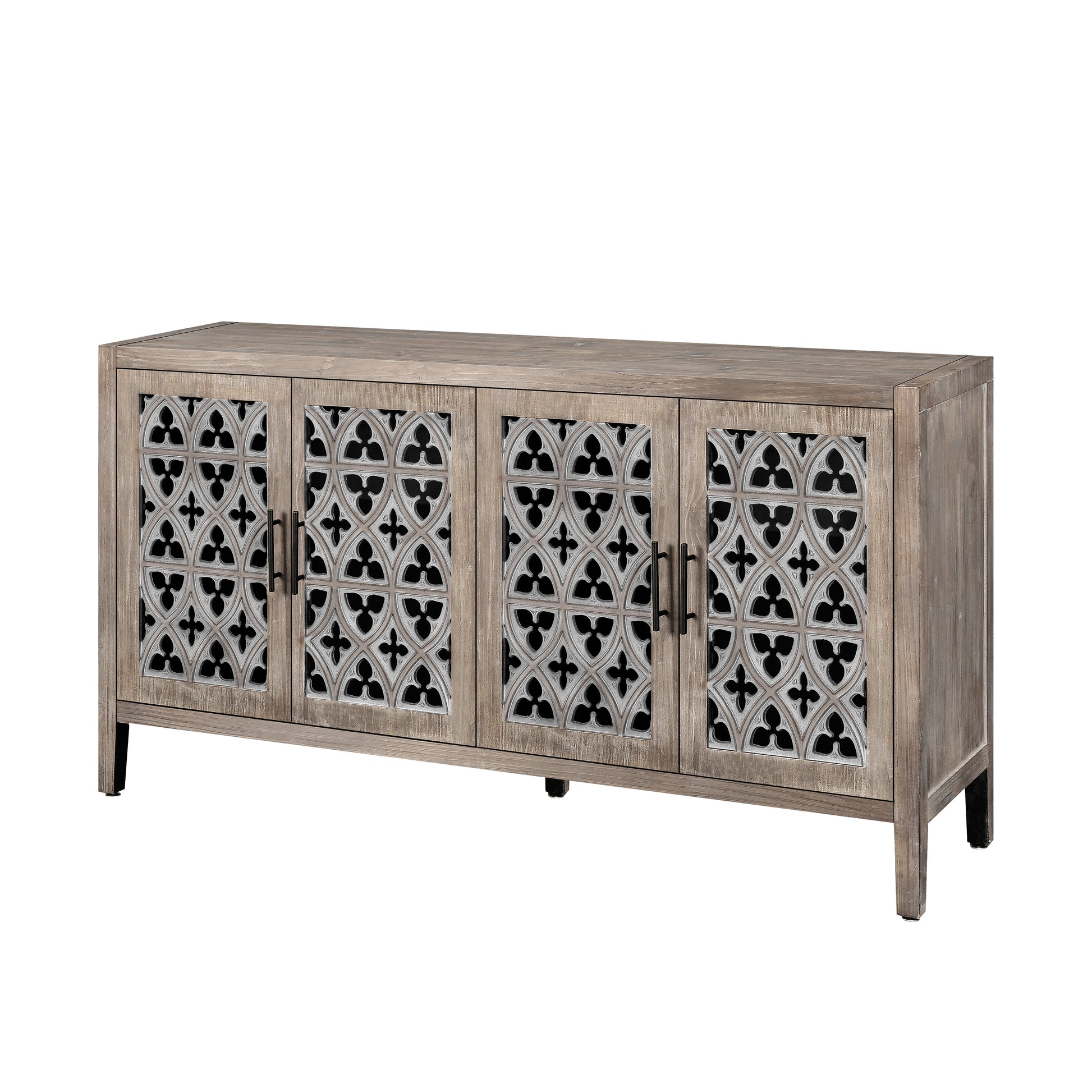 Rustic gray wood sideboard with four decorative carved doors and black metal handles