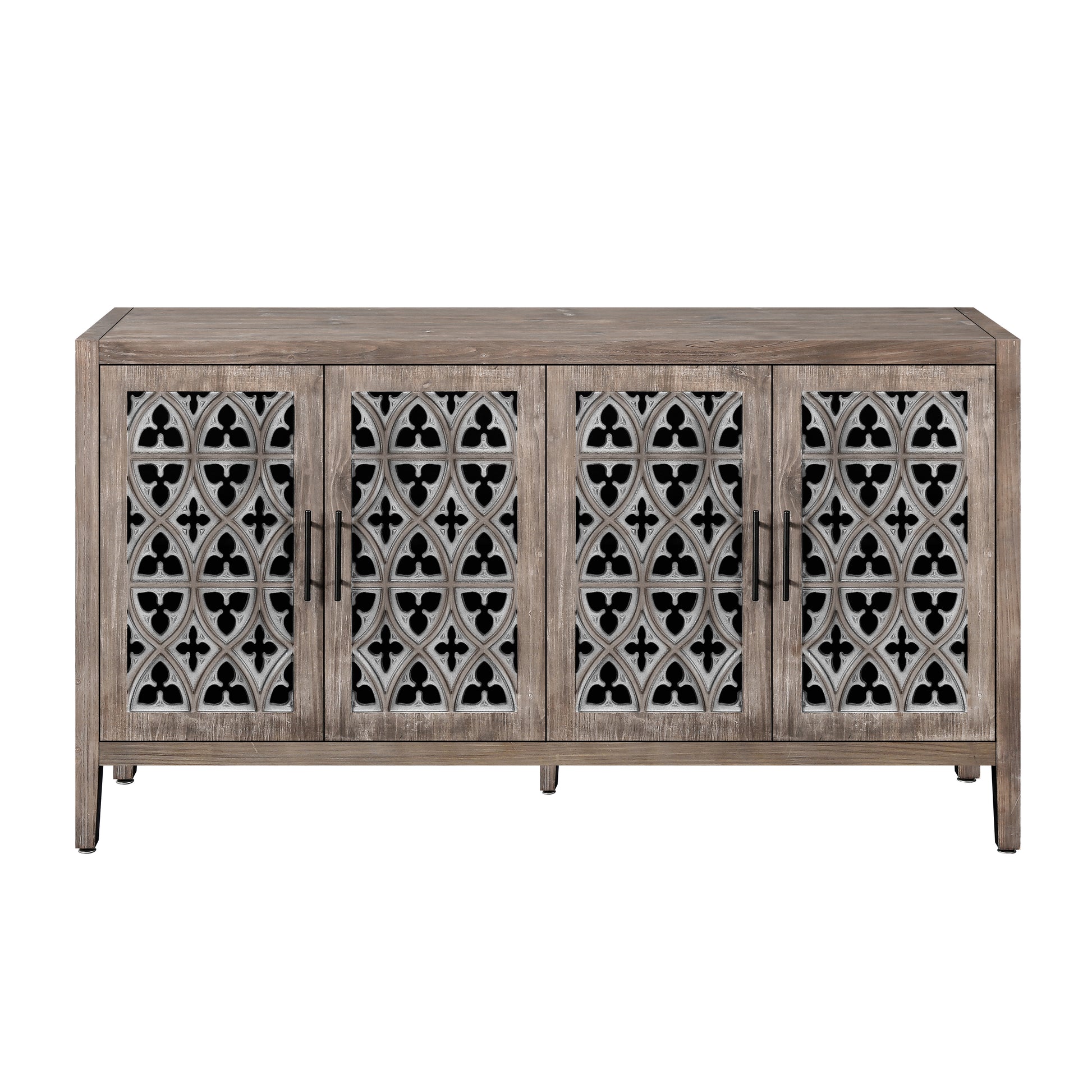 Weathered oak sideboard with four ornate carved doors and black metal handles