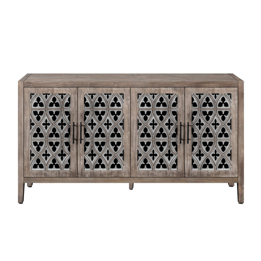Weathered oak sideboard with four ornate carved doors and black metal handles