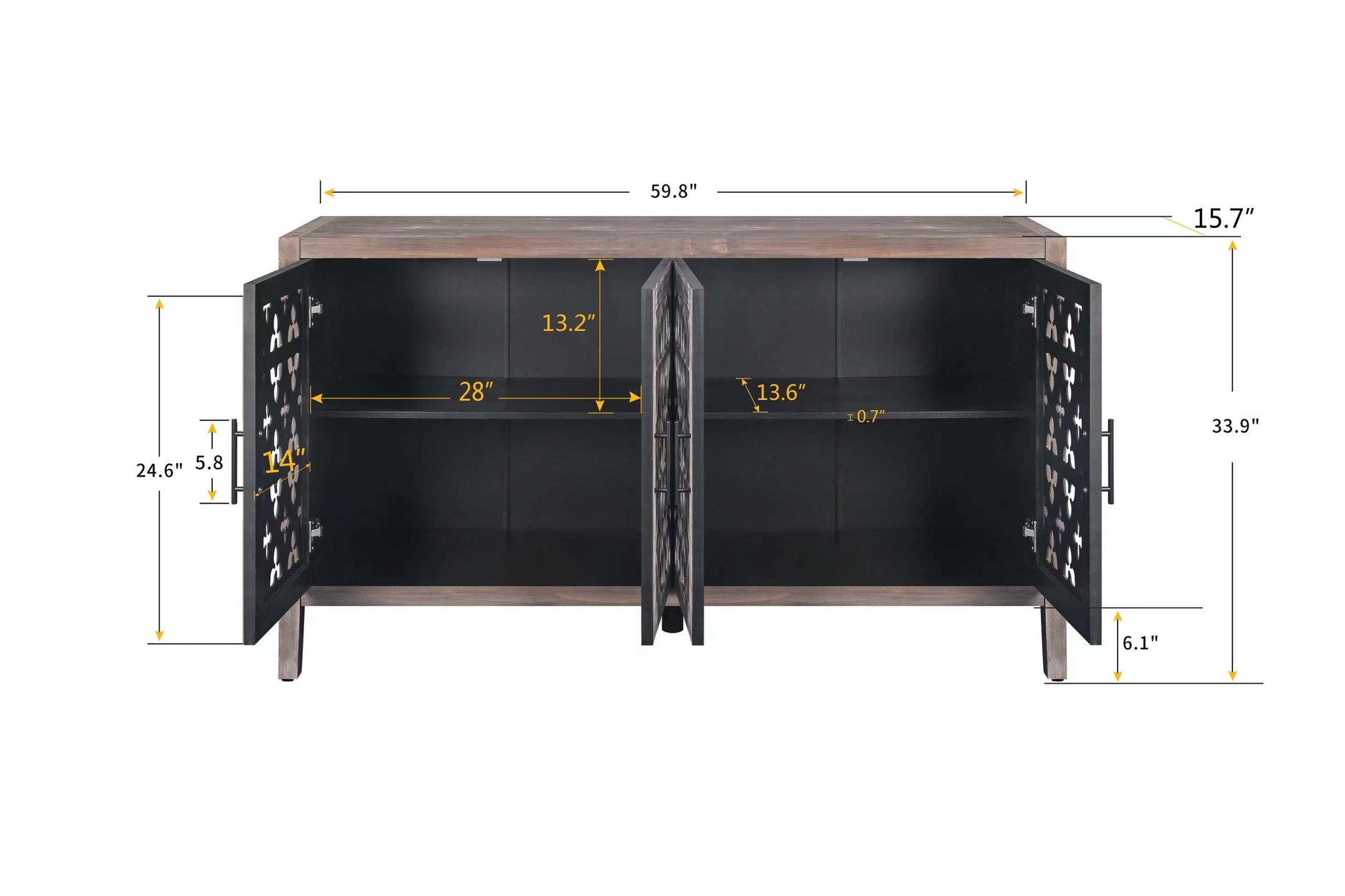 Dark wood console table with geometric patterned doors and silver handles