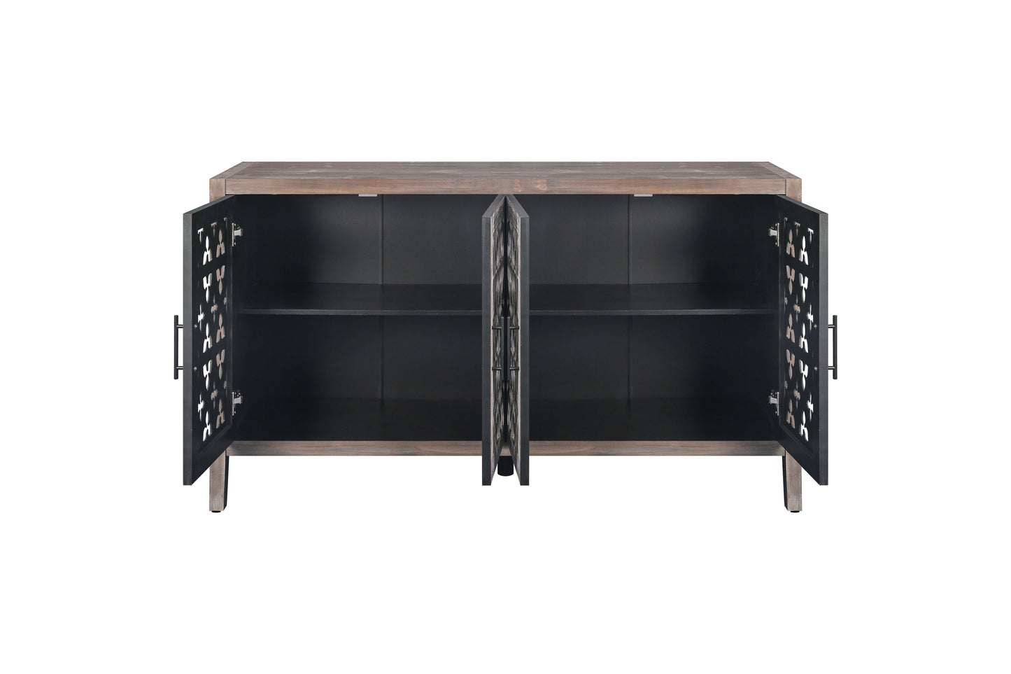 Brown wood console table with open doors and intricate lattice design