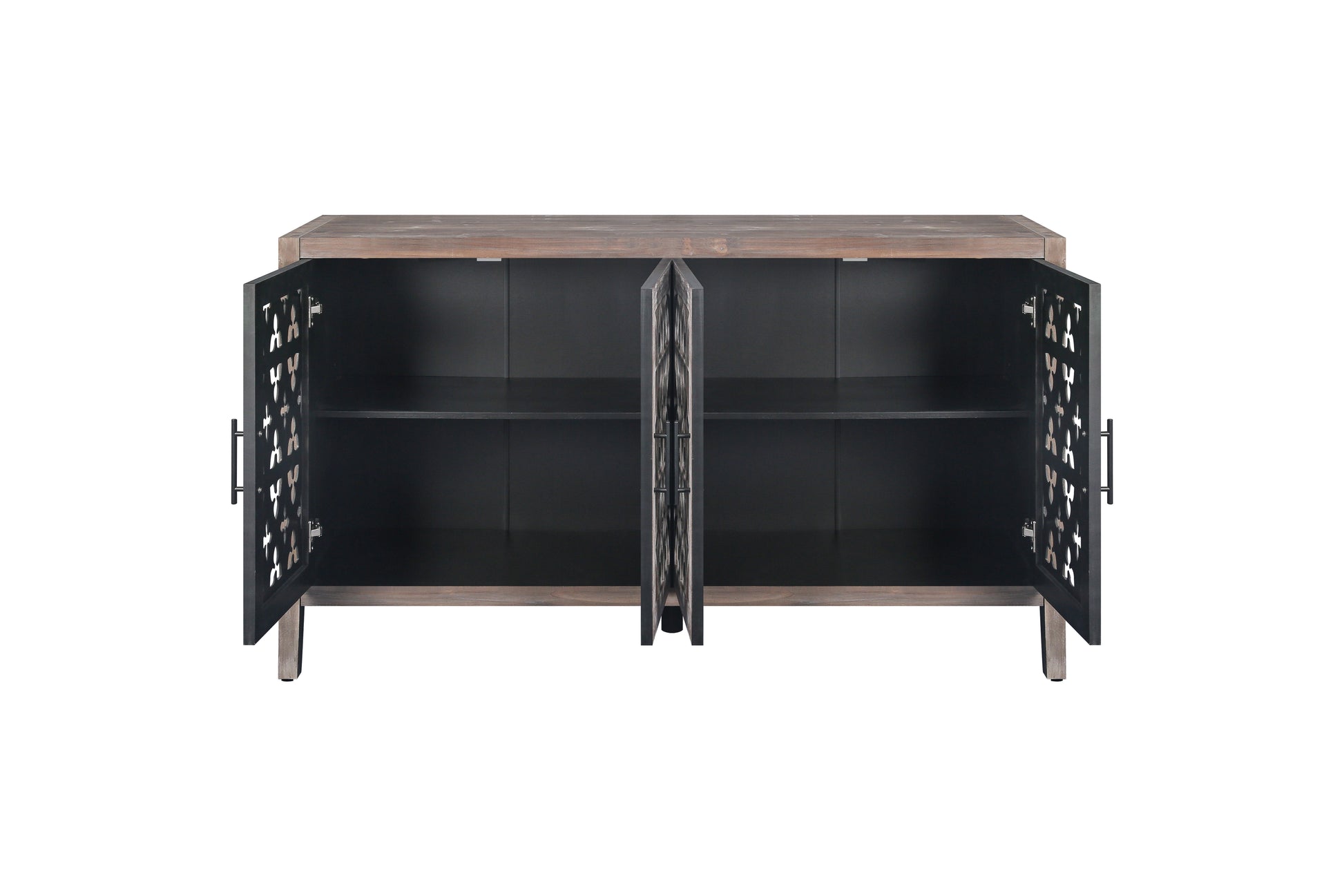 Brown wood console table with open doors and intricate lattice design