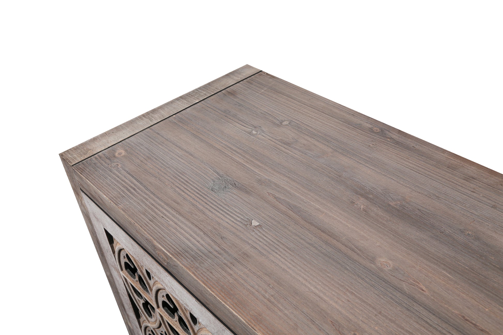 Rustic grey wooden console table top with carved details