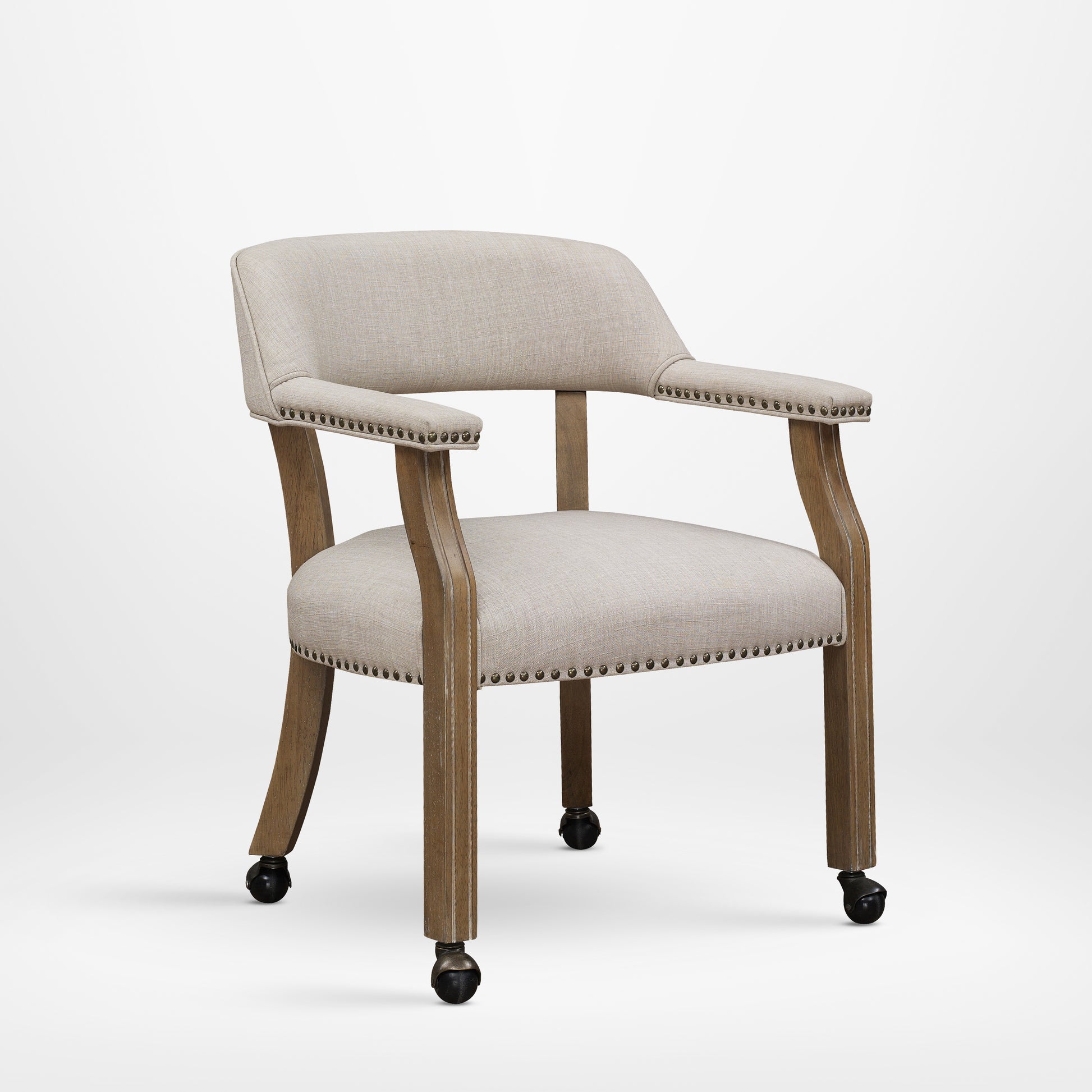 Neutral linen accent chair with nailhead trim and wooden frame
