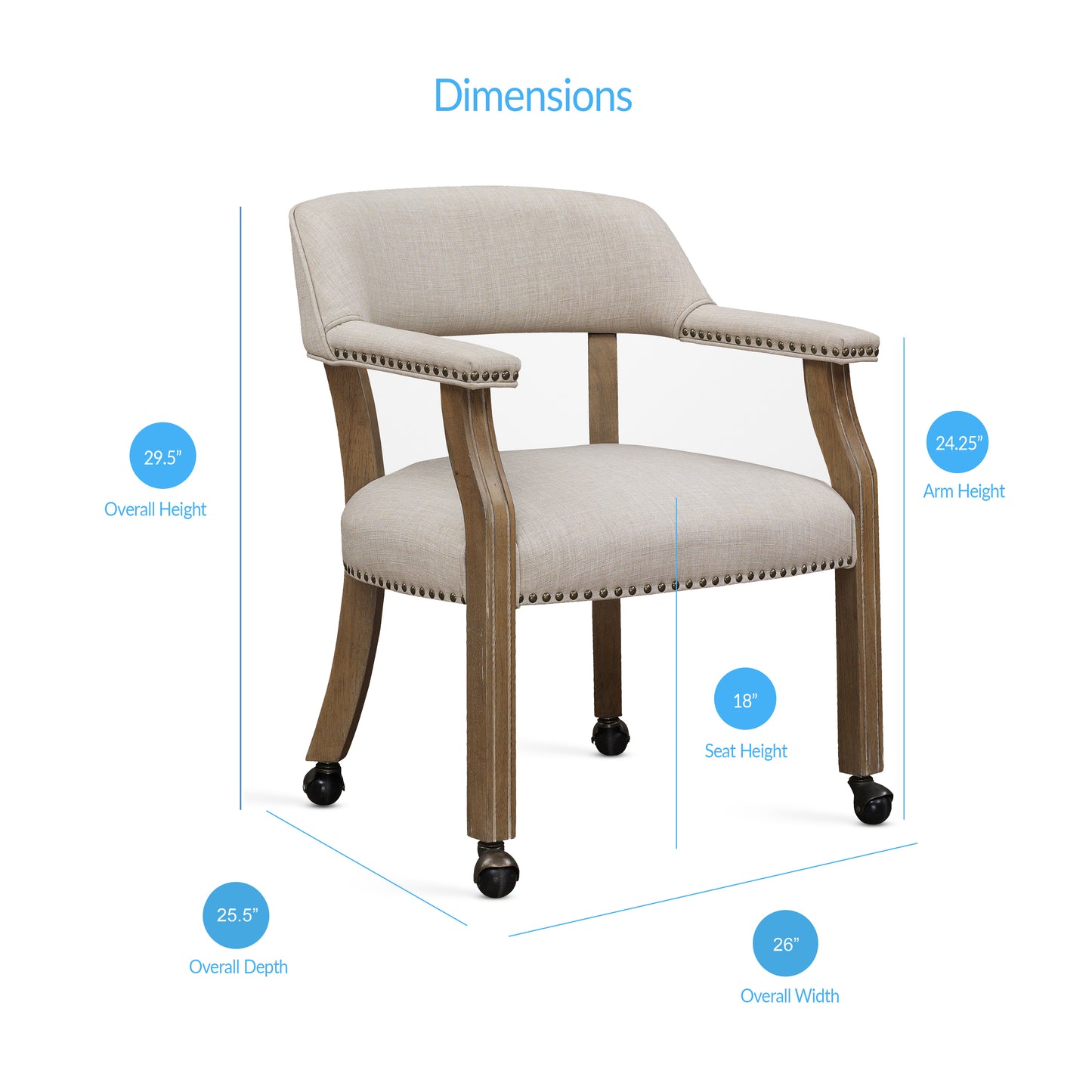 Beige upholstered arm chair with nailhead trim and wooden legs on casters