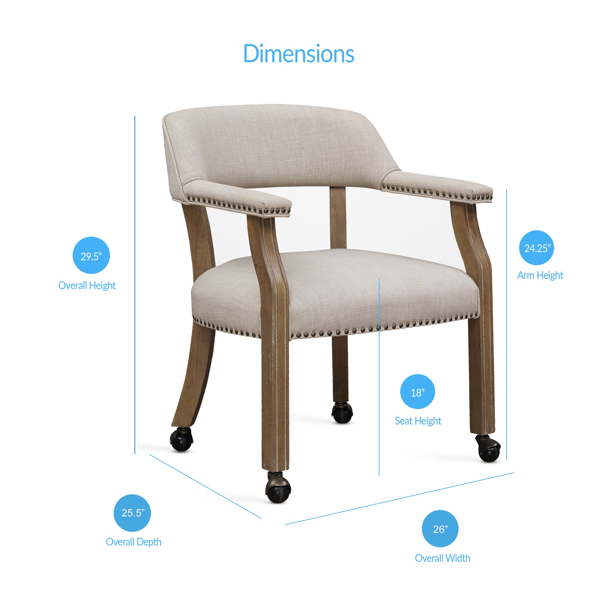 Beige upholstered arm chair with nailhead trim and wooden legs on casters