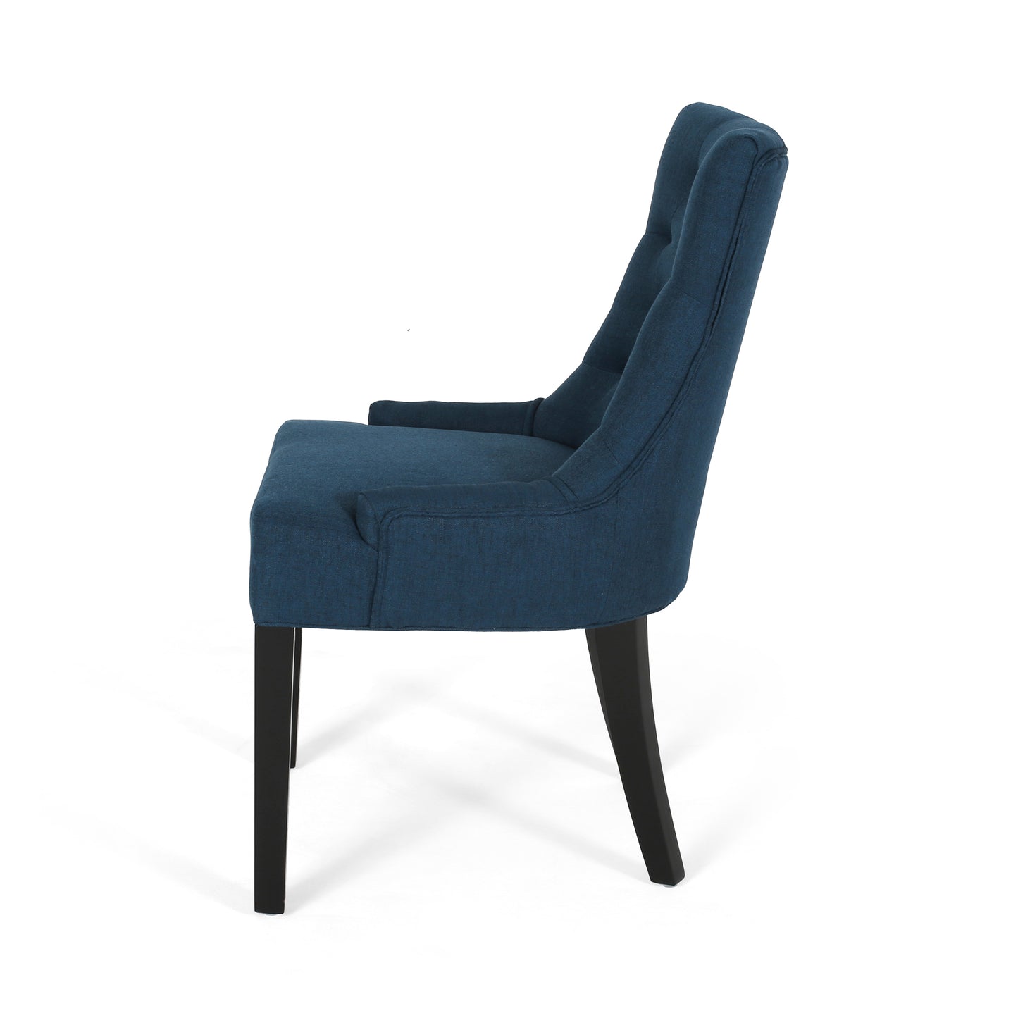 Tufted navy blue dining chair with dark wooden legs