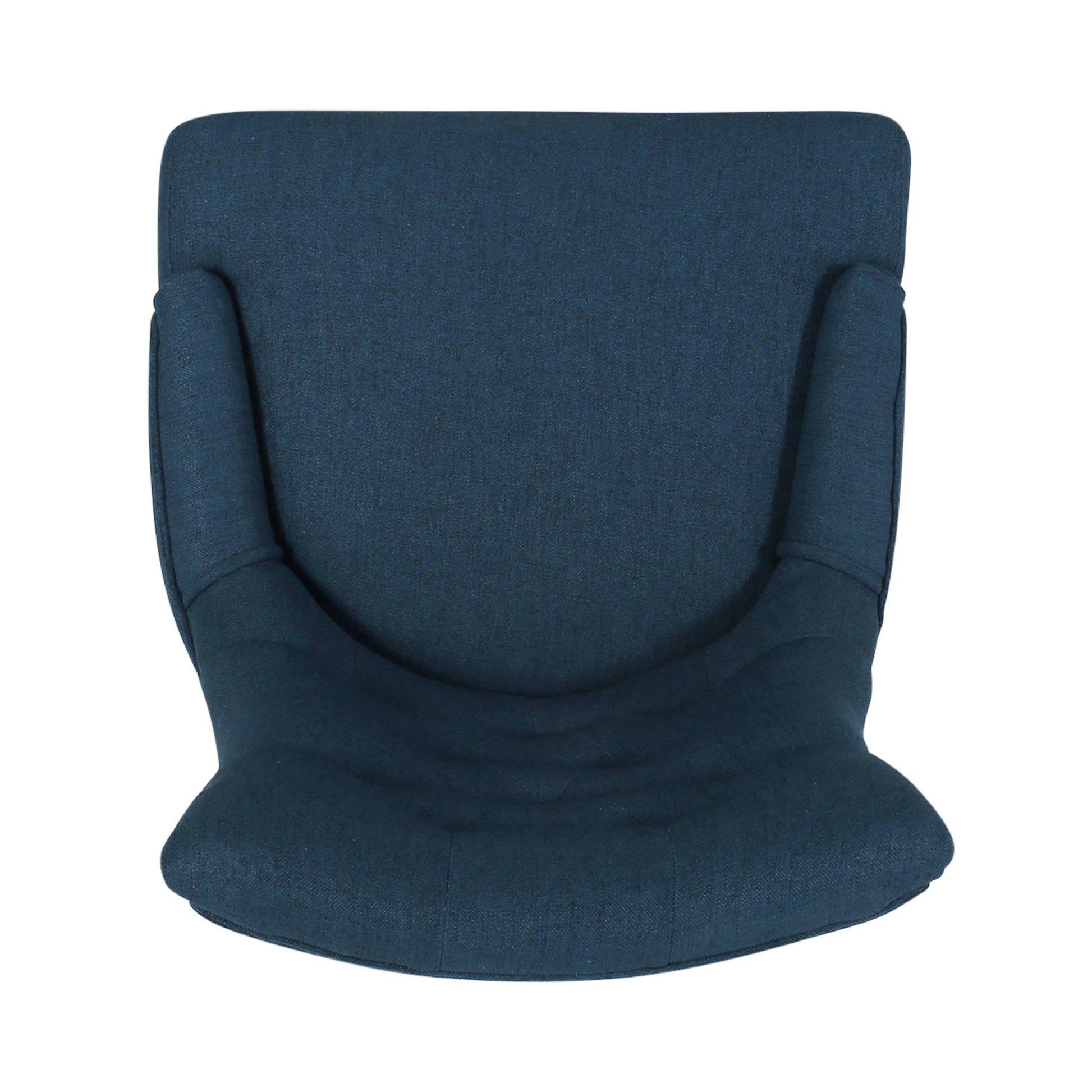 Top view of a textured navy blue fabric accent chair with rounded arms