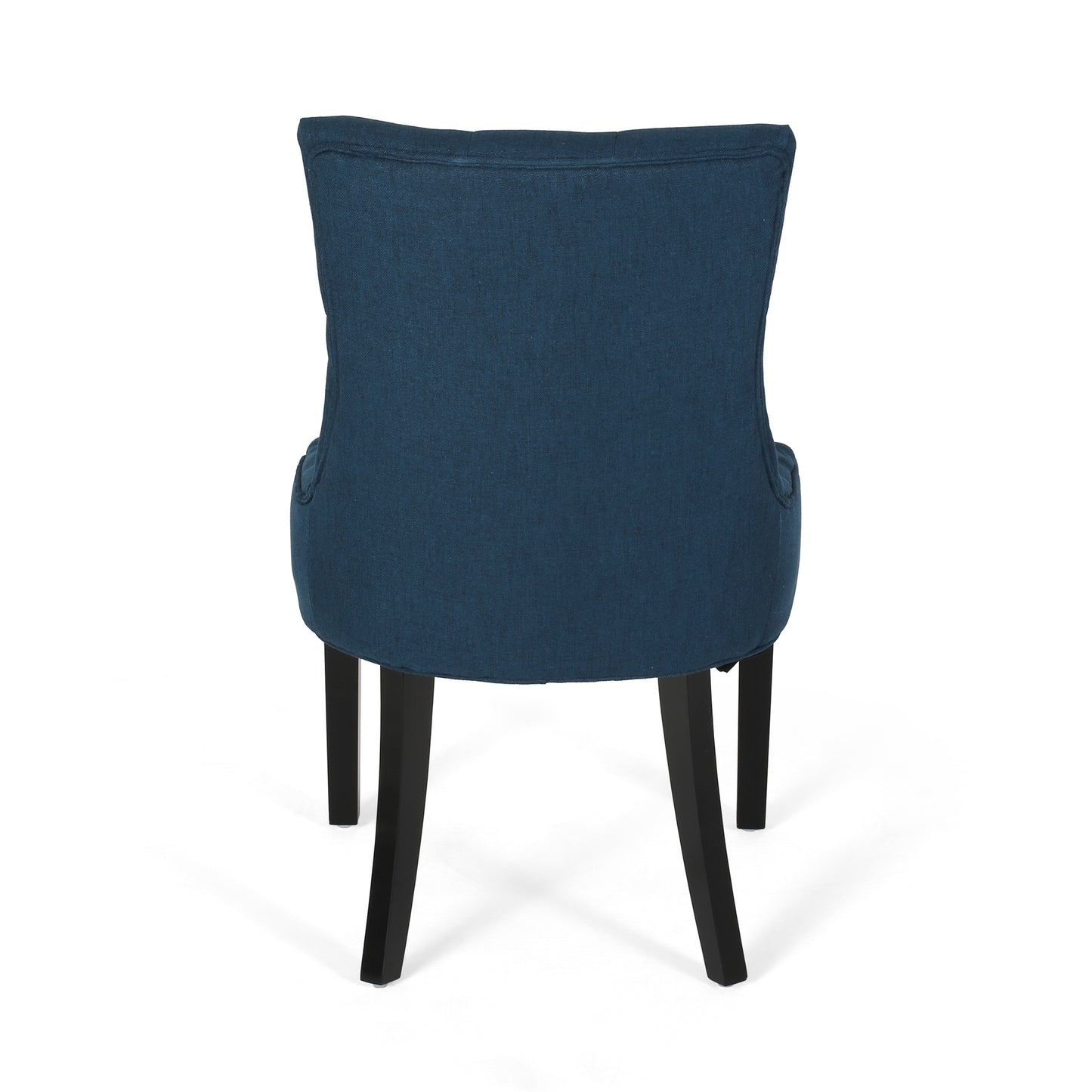 Tufted navy blue fabric dining chair with dark wooden legs