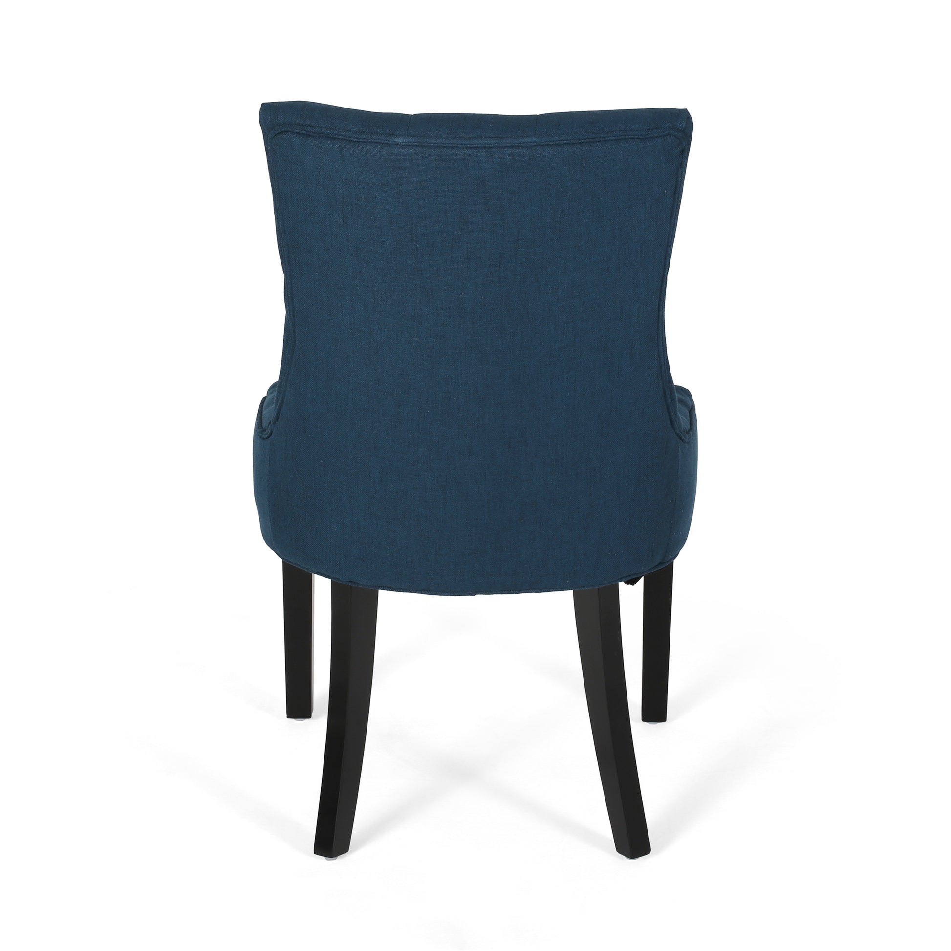 Tufted navy blue fabric dining chair with dark wooden legs