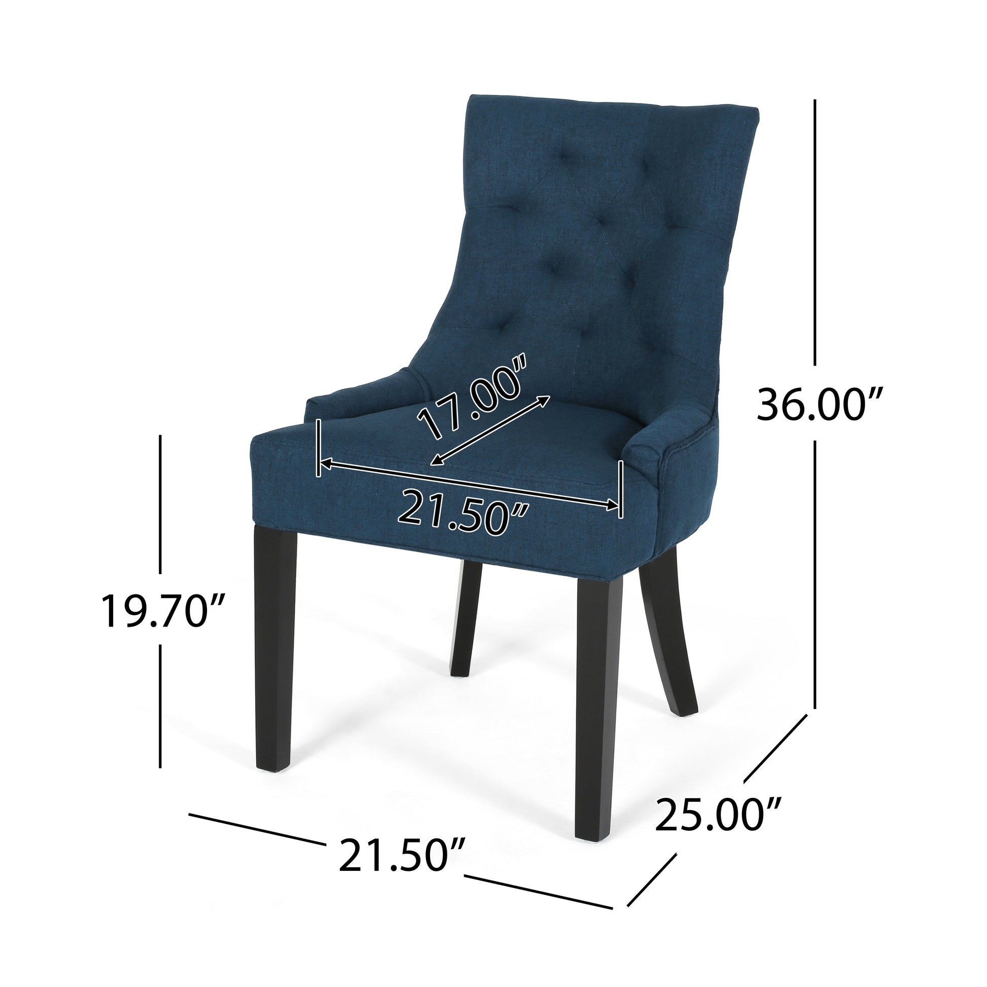 Dark blue upholstered dining chair with tufted back and wooden legs