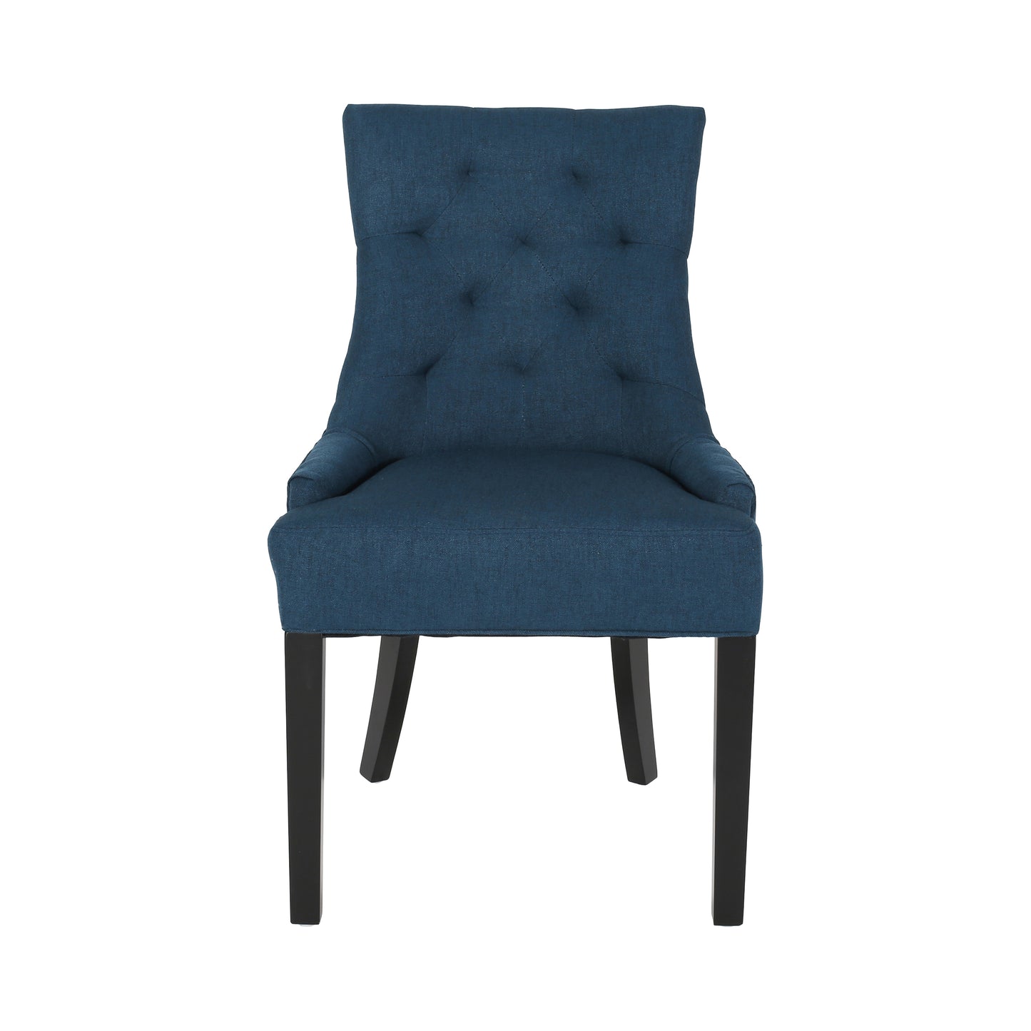 Elegant navy blue upholstered dining chair with diamond tufting on the back and dark wooden legs