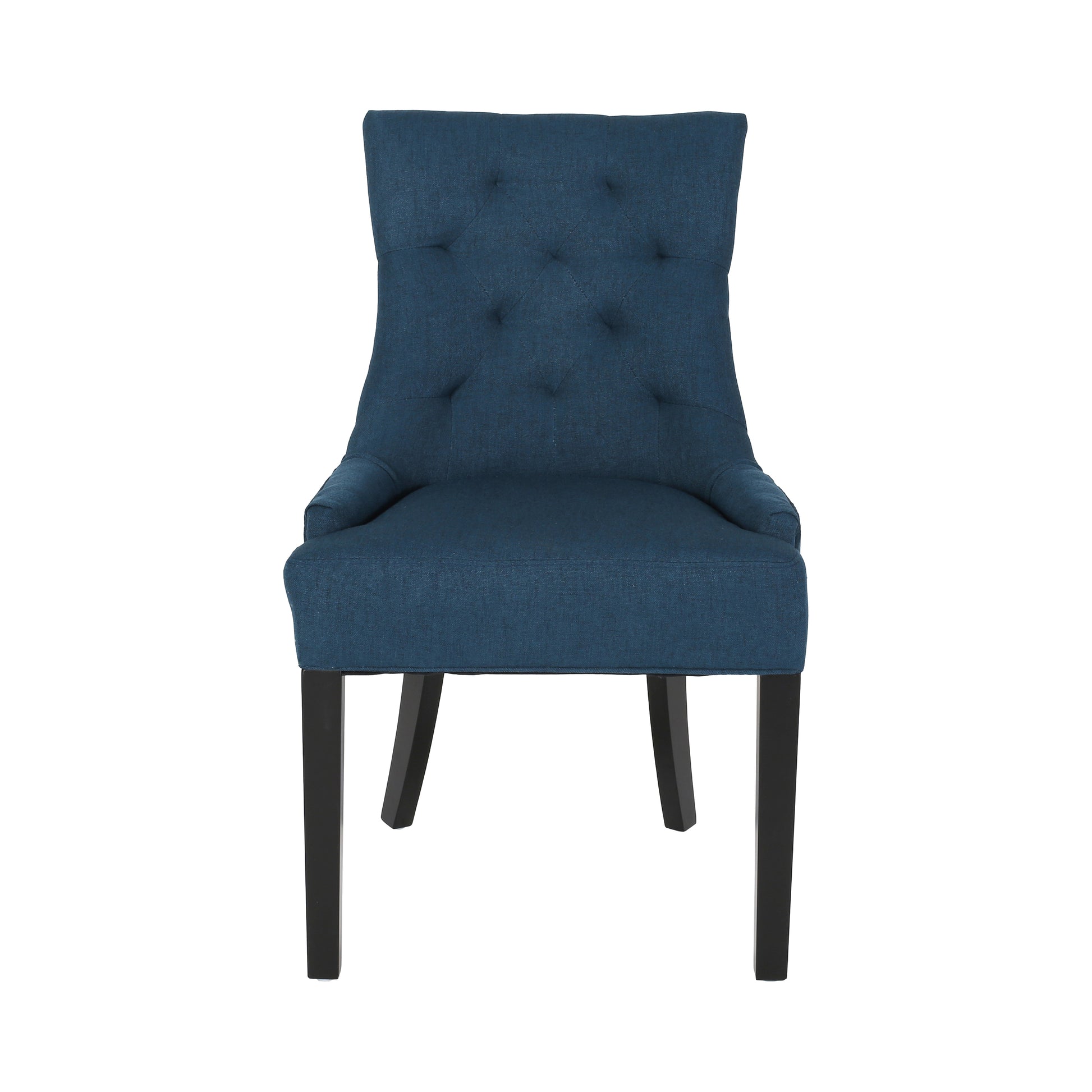 Elegant navy blue upholstered dining chair with diamond tufting on the back and dark wooden legs