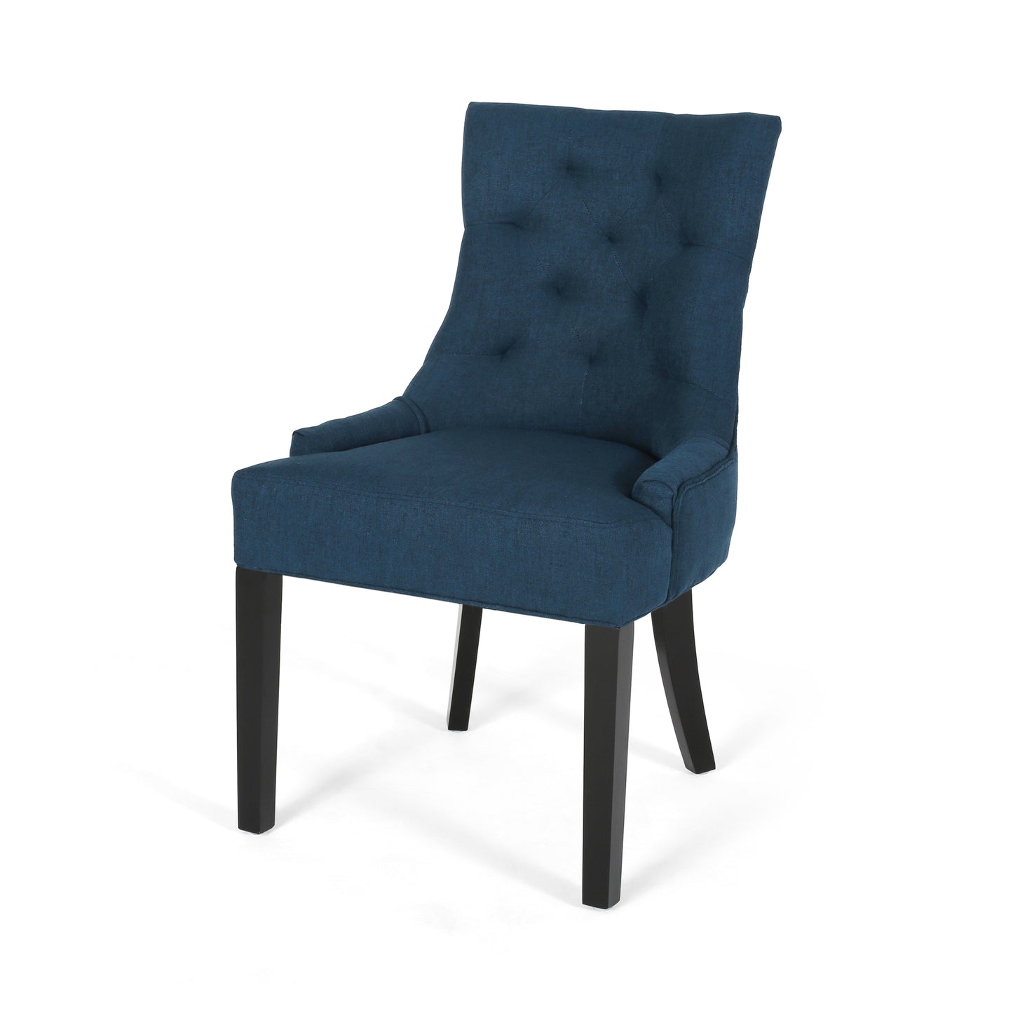 Deep blue tufted upholstered dining chair with dark wood legs