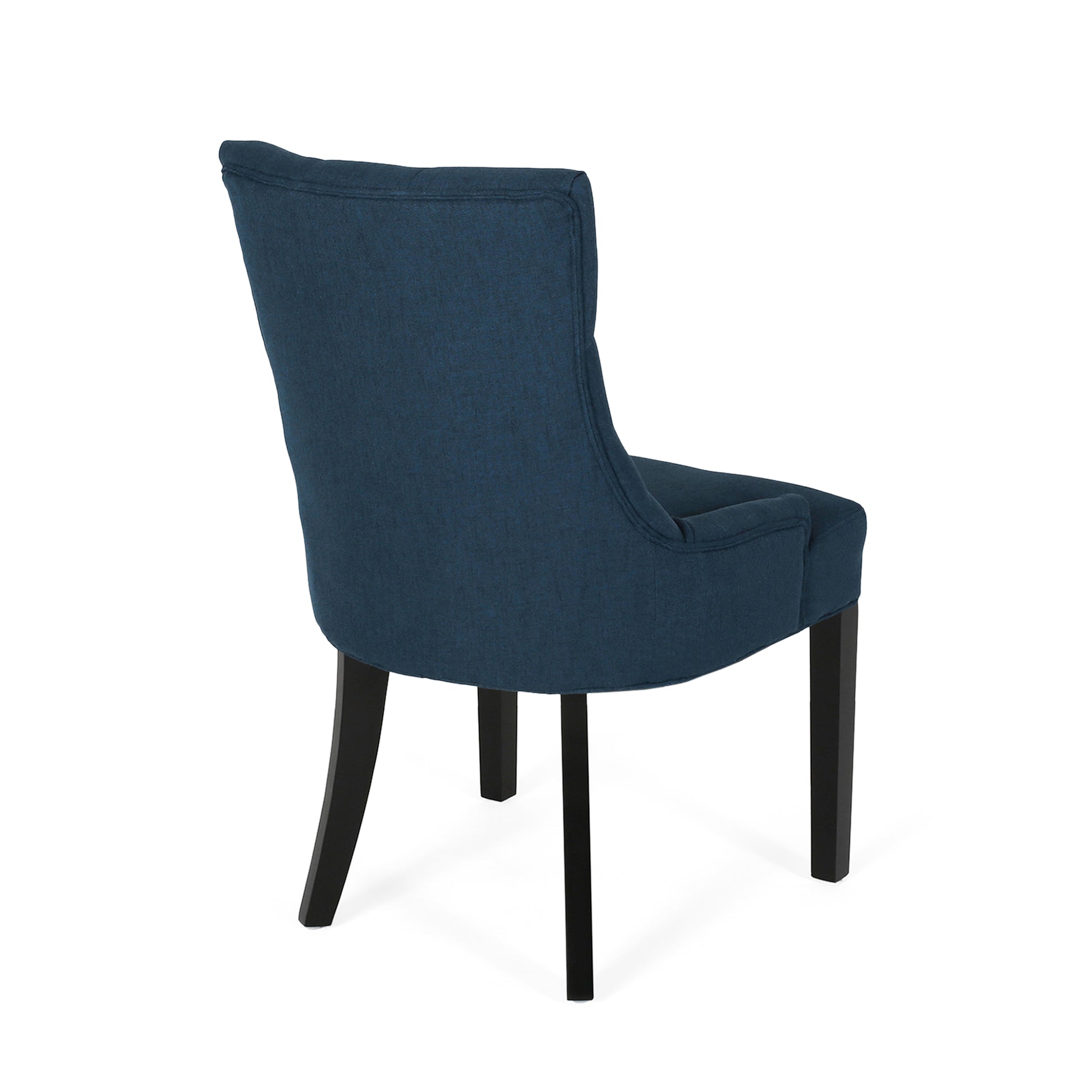 Dark blue upholstered dining chair with tufted back and black legs