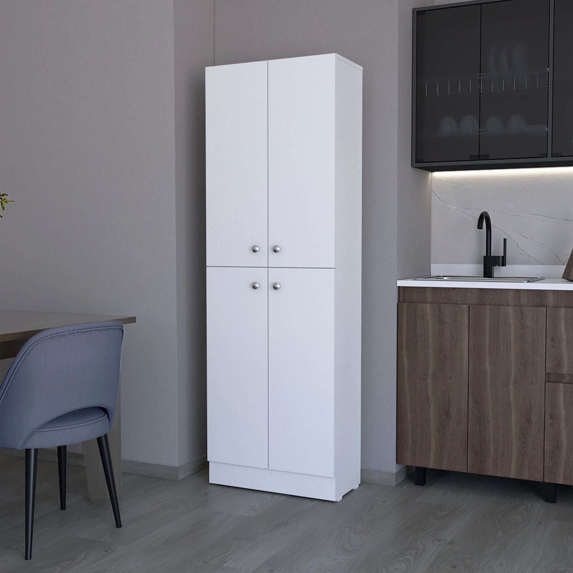Tall white pantry cabinet with four doors and silver knobs