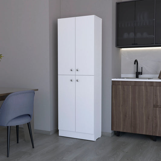Tall white pantry cabinet with four doors and silver knobs