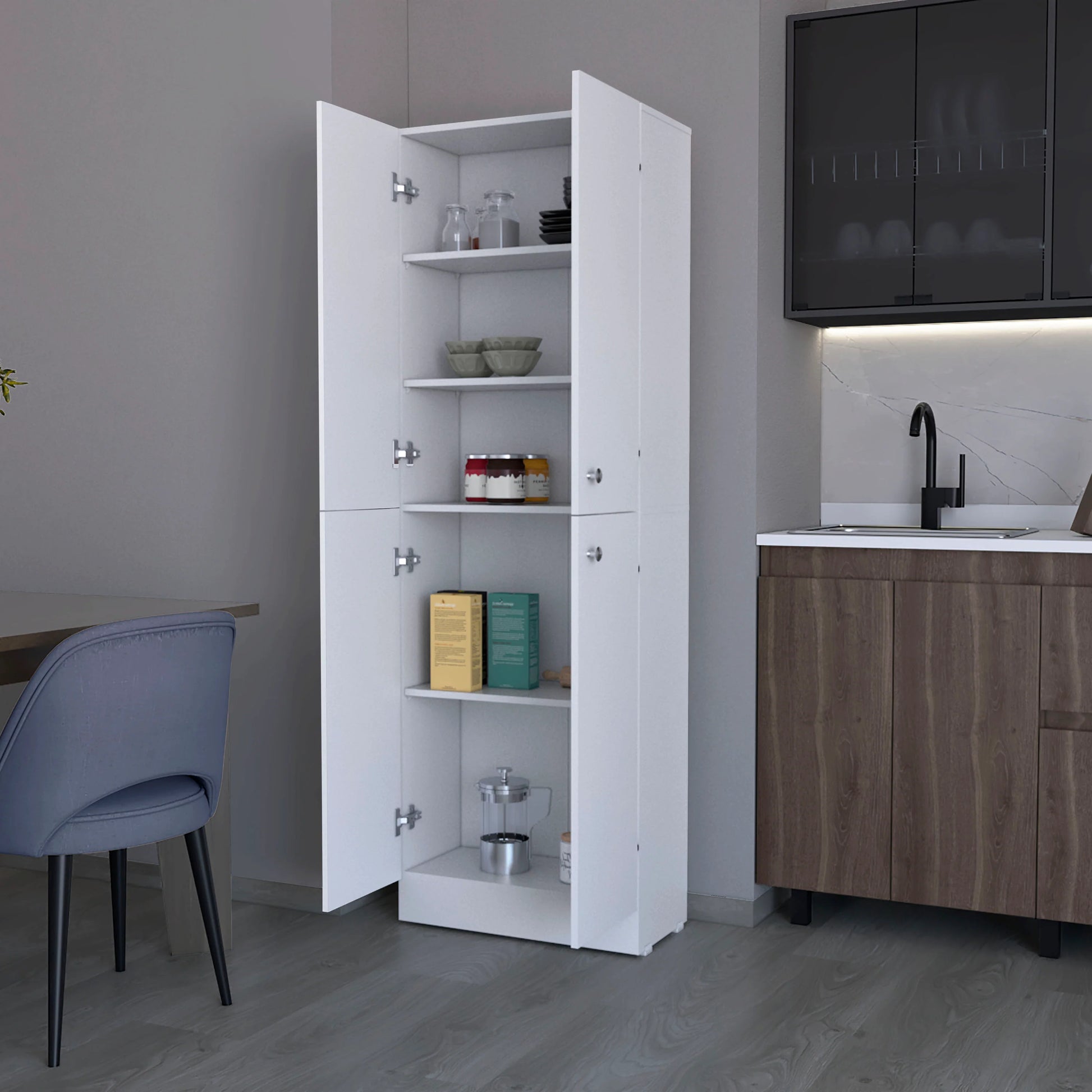 White tall kitchen pantry cabinet with open doors revealing shelves of bowls and jars