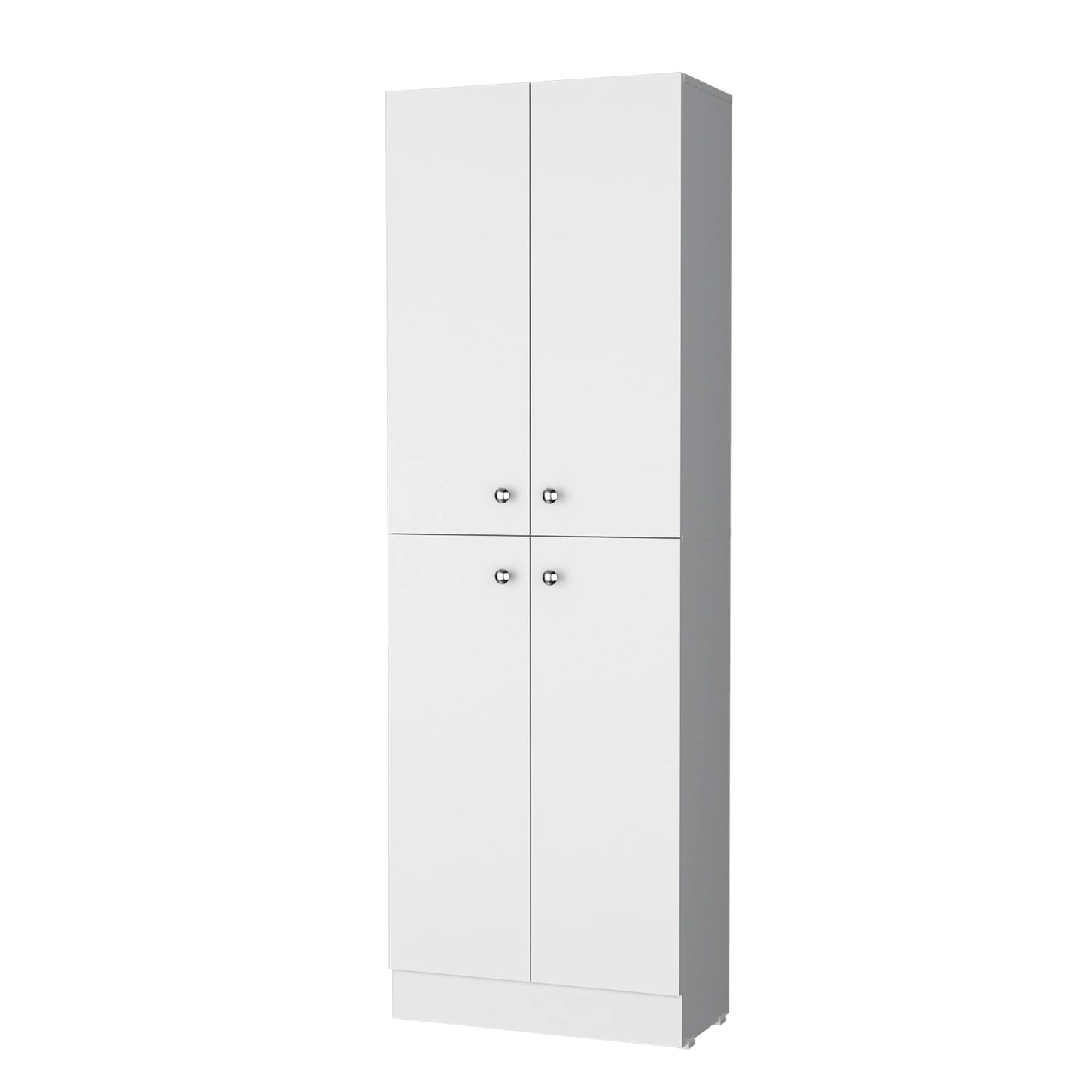 Tall white pantry cabinet with four doors and brushed nickel hardware