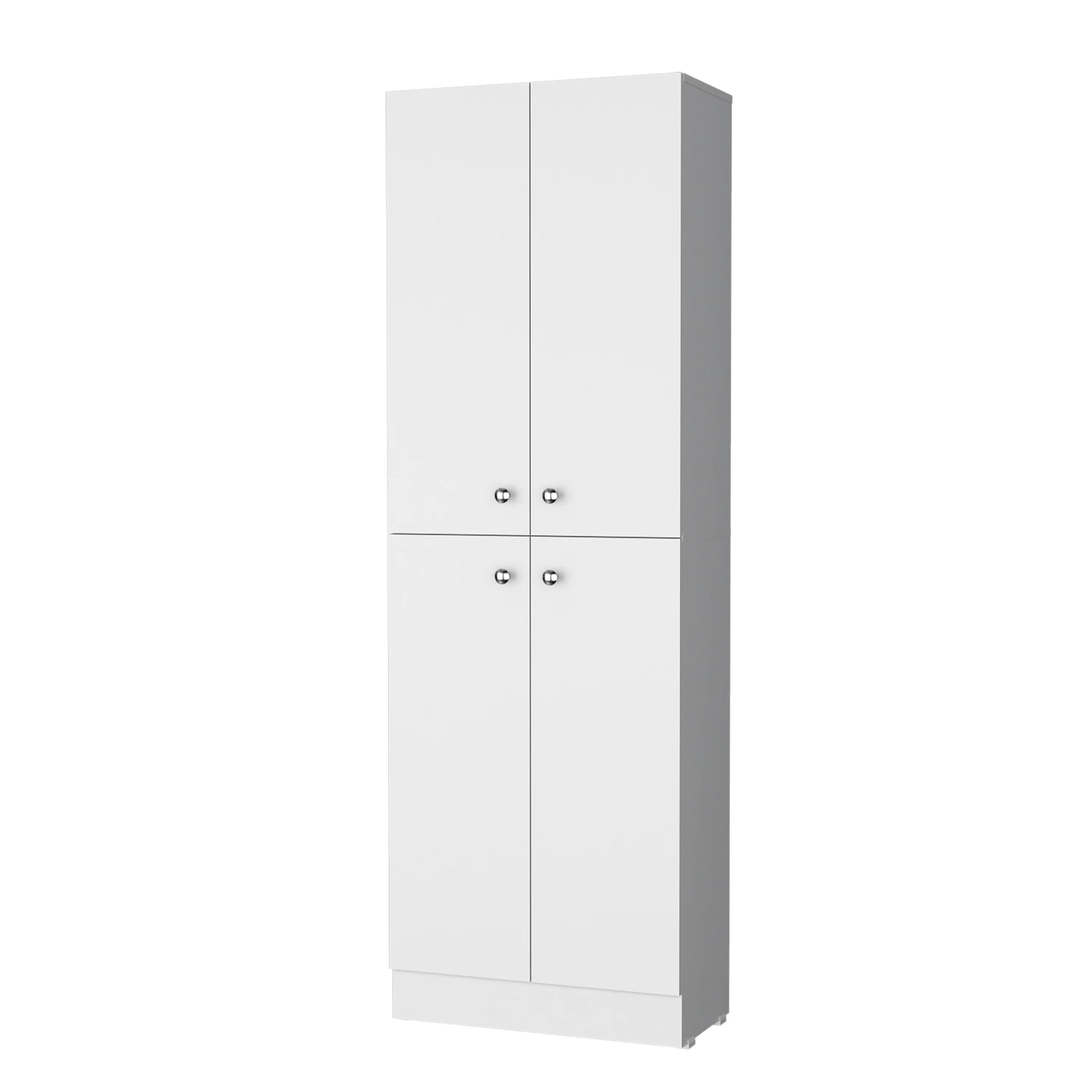Tall white pantry cabinet with four doors and brushed nickel hardware