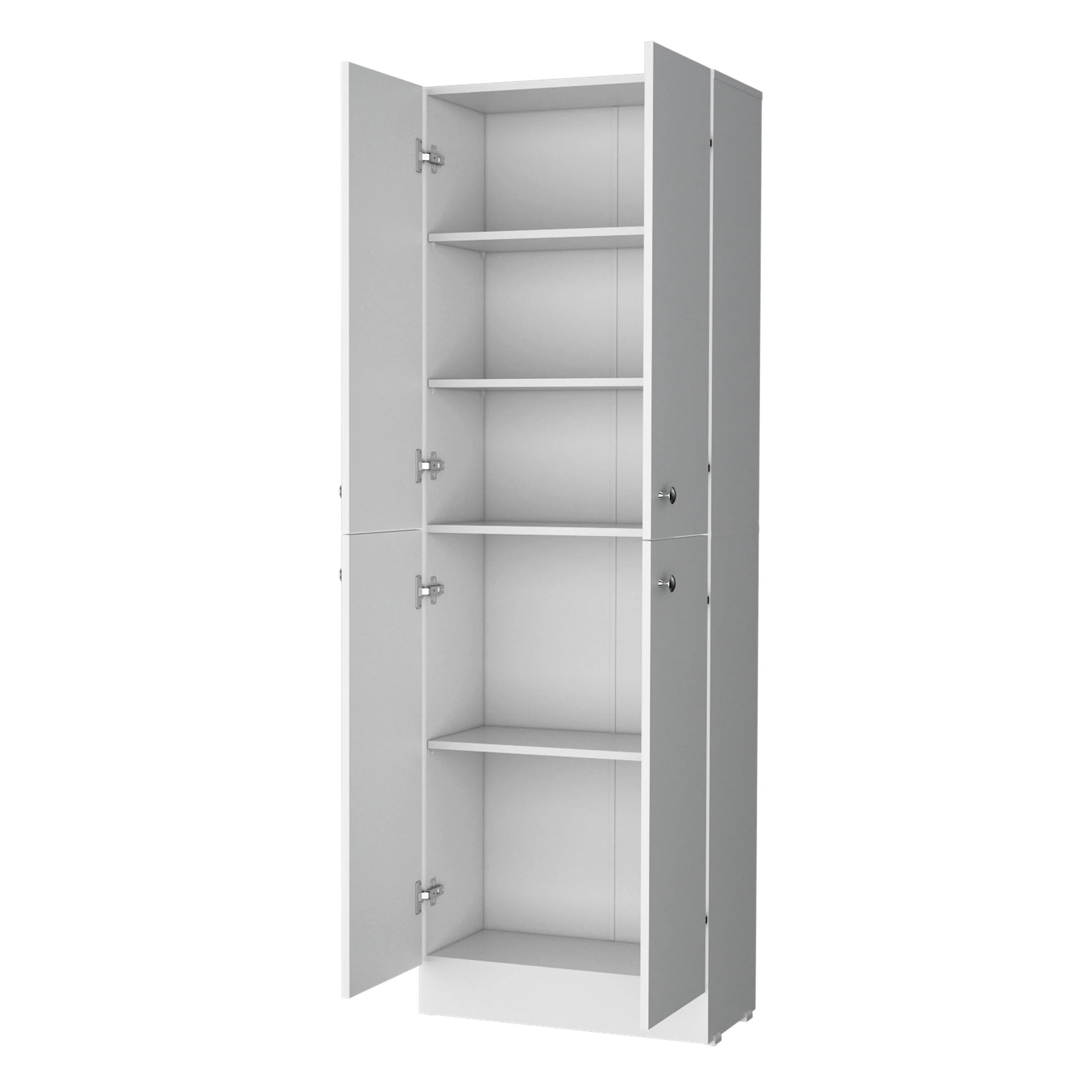 White modern tall storage cabinet with open doors and five shelves