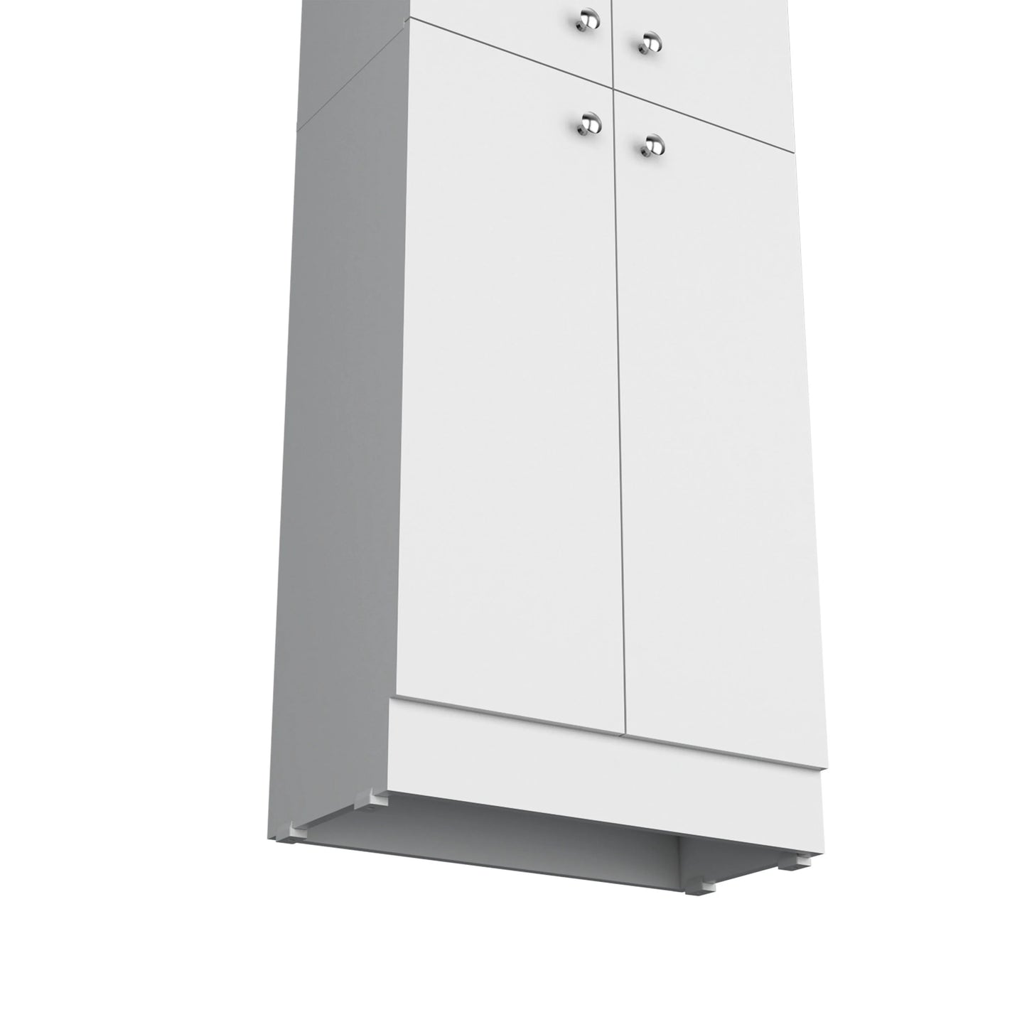 White kitchen pantry cabinet with brushed nickel knobs