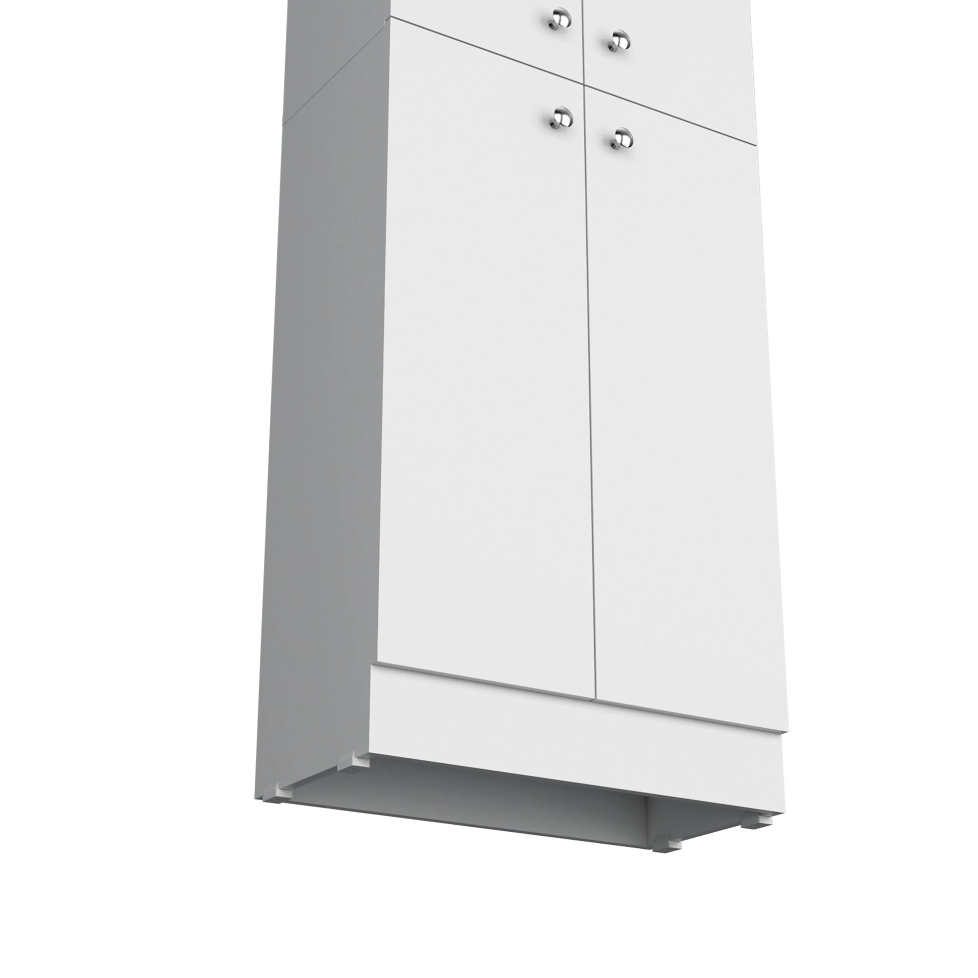 White kitchen pantry cabinet with brushed nickel knobs