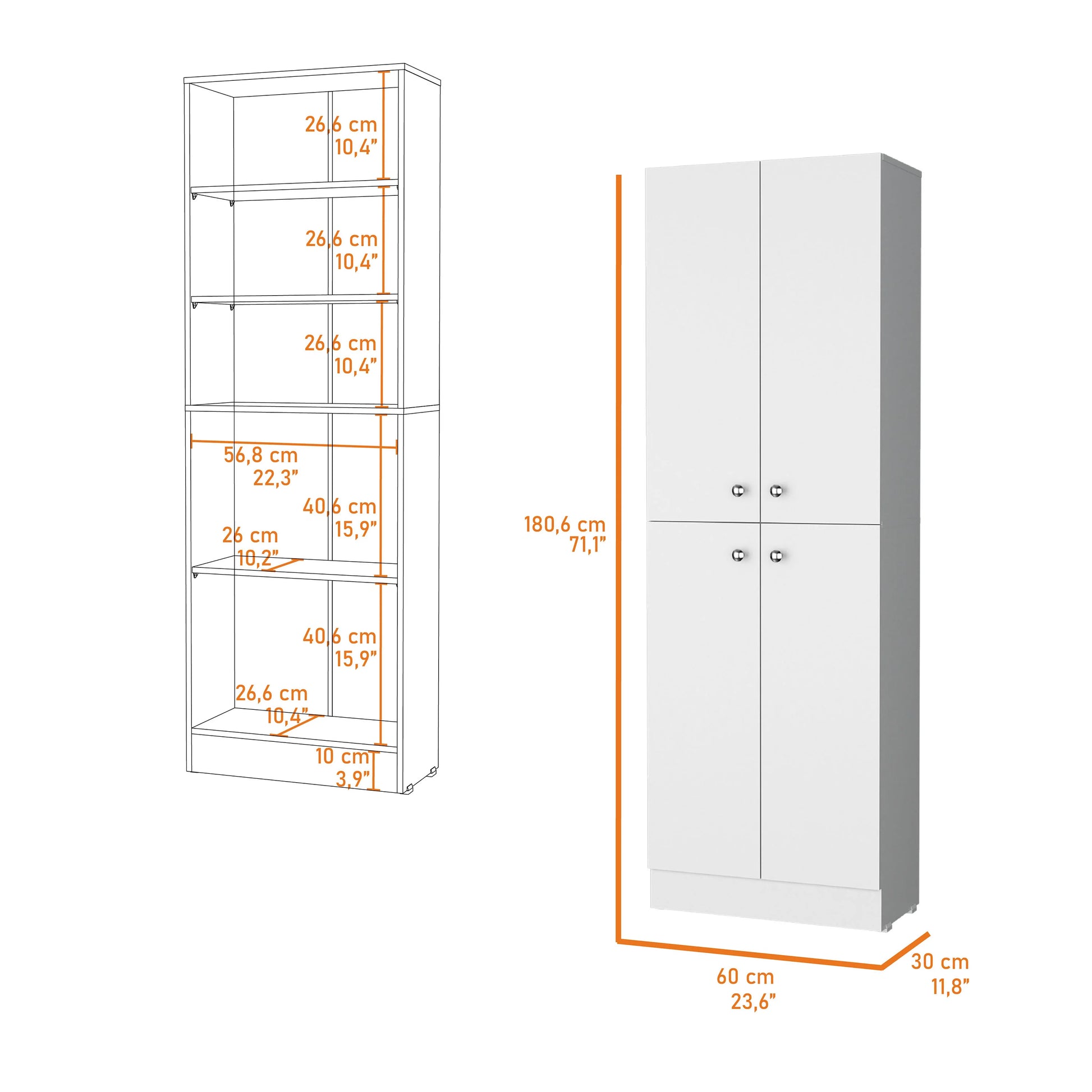White tall kitchen cabinet with double doors and silver handles
