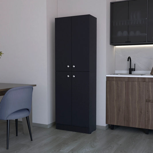 Tall black pantry cabinet with four doors and silver knobs