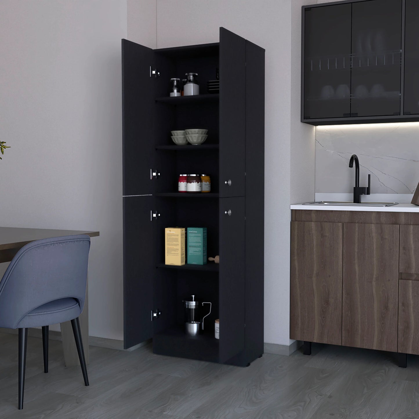 Tall black kitchen pantry cabinet with adjustable shelves and two doors