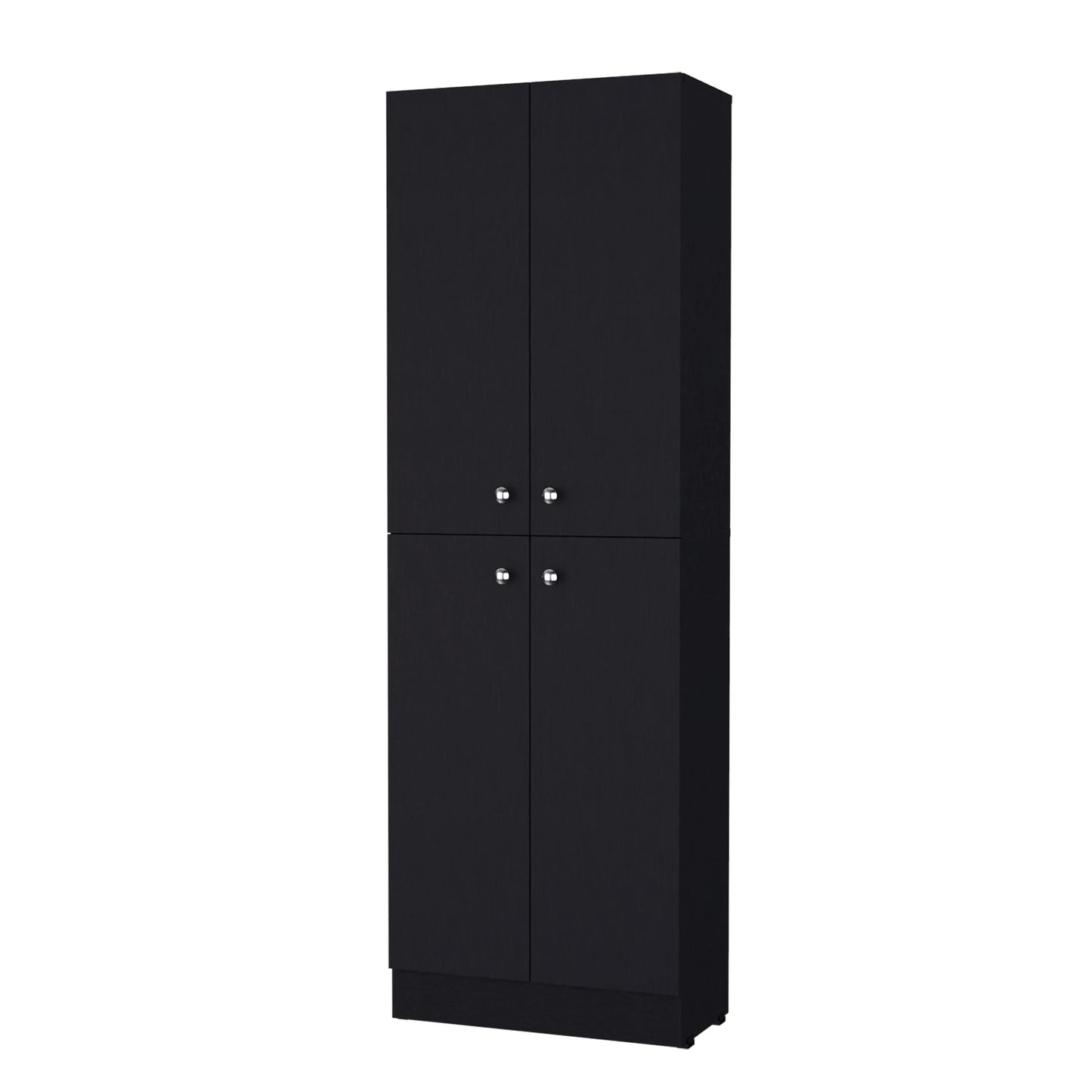 Tall black fourdoor storage cabinet with silver knobs