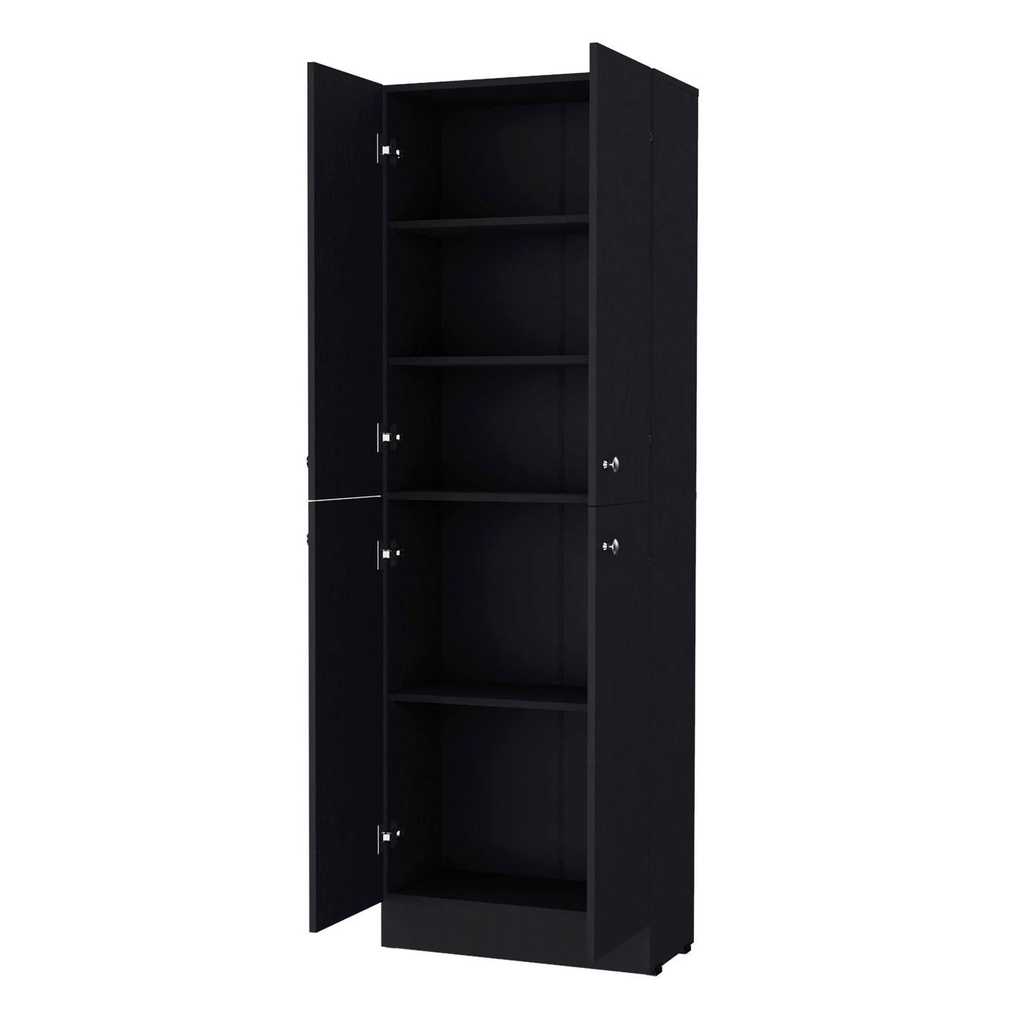 Sleek black tall storage cabinet with open doors revealing multiple shelves