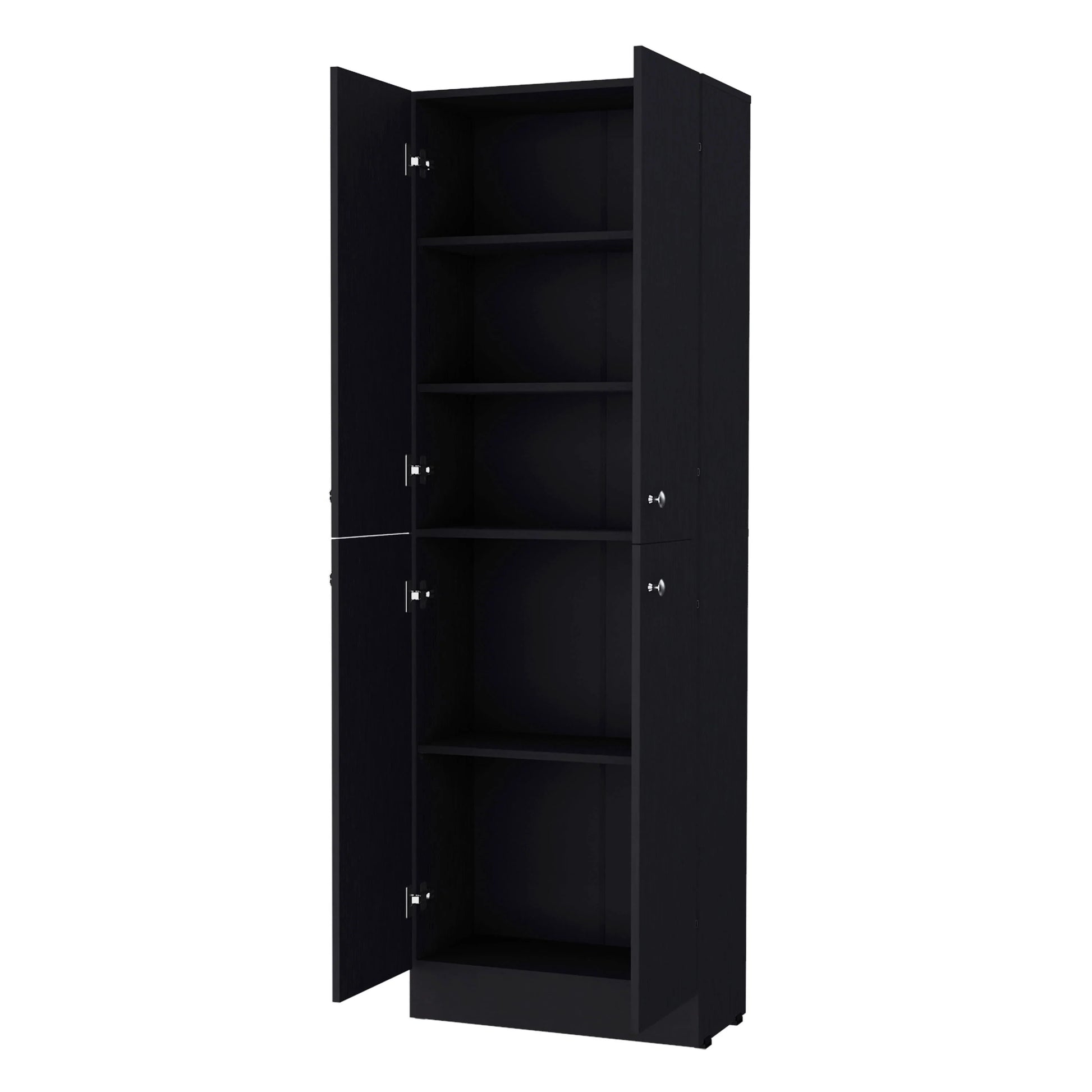 Sleek black tall storage cabinet with open doors revealing multiple shelves