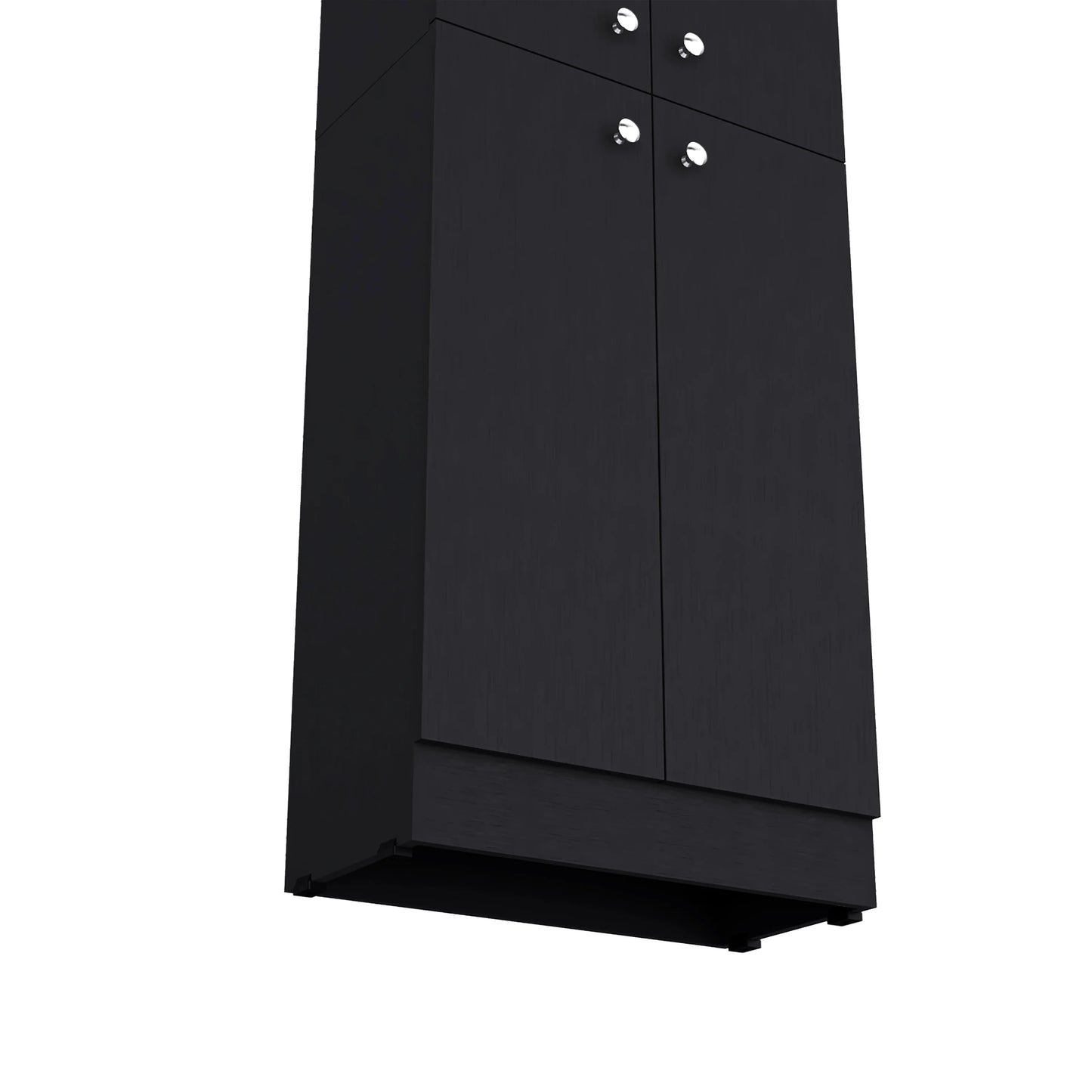 Tall black storage cabinet with four silver knobs
