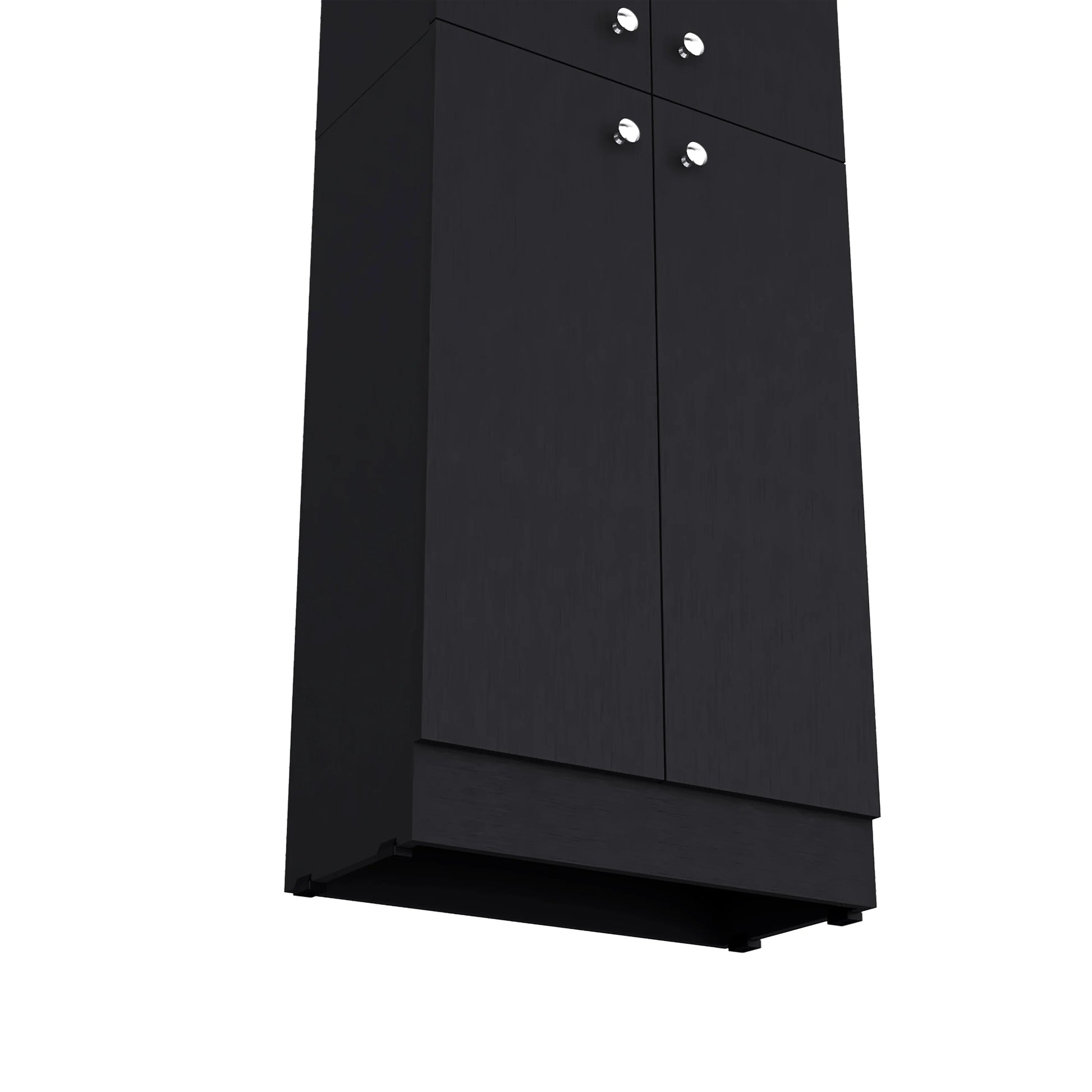 Tall black storage cabinet with four silver knobs