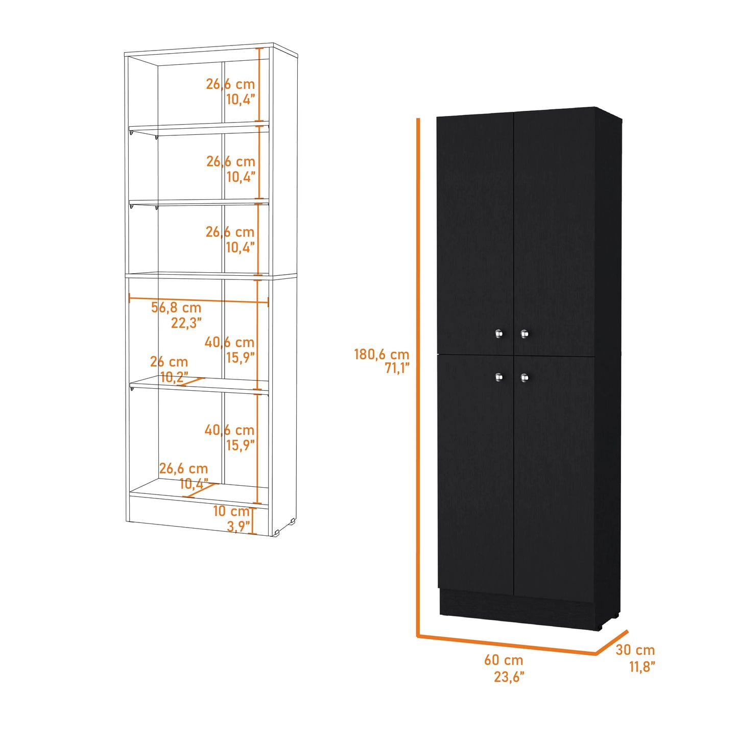 Tall black wood cabinet with four doors and silver knobs
