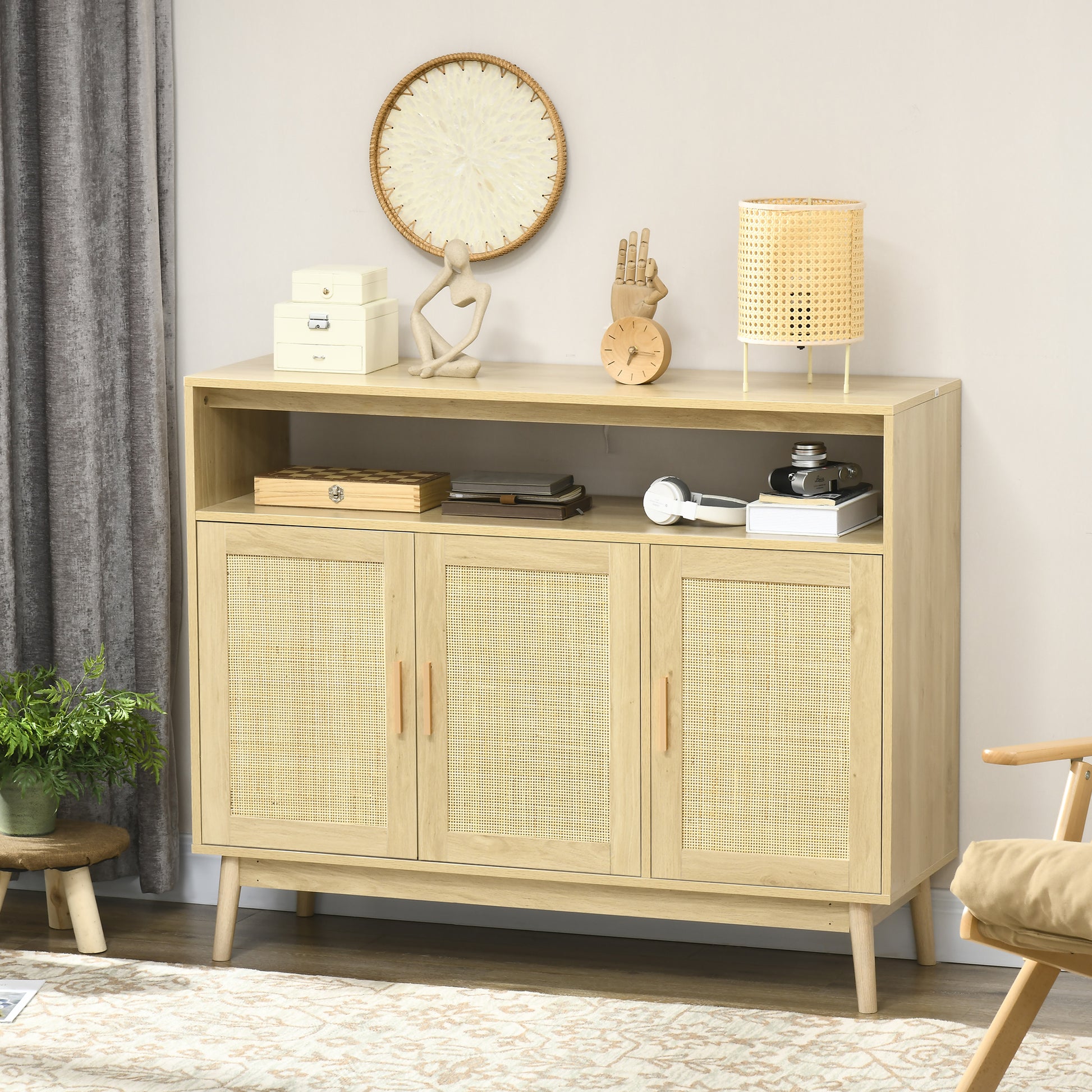 Light oak sideboard with three canefront cabinets and copper handles