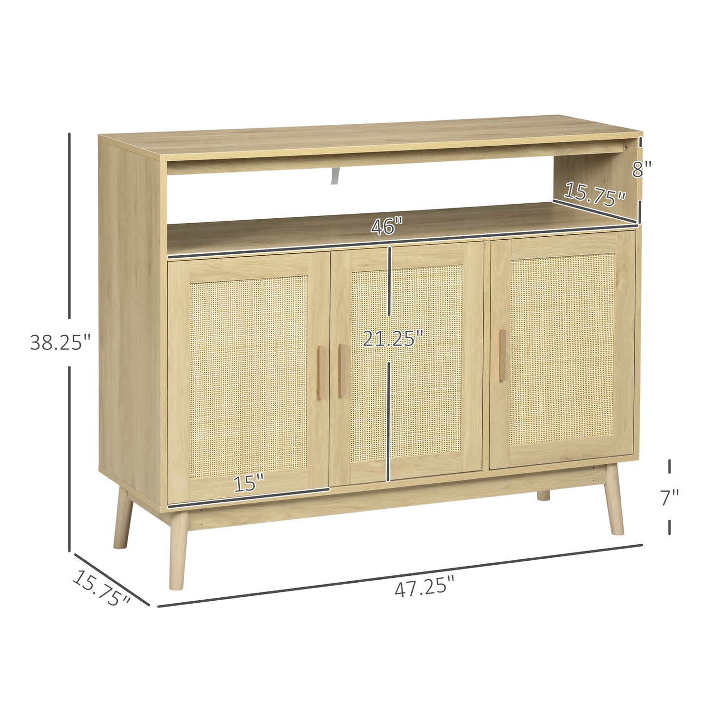 Light oak sideboard with woven cane doors and rose gold handles