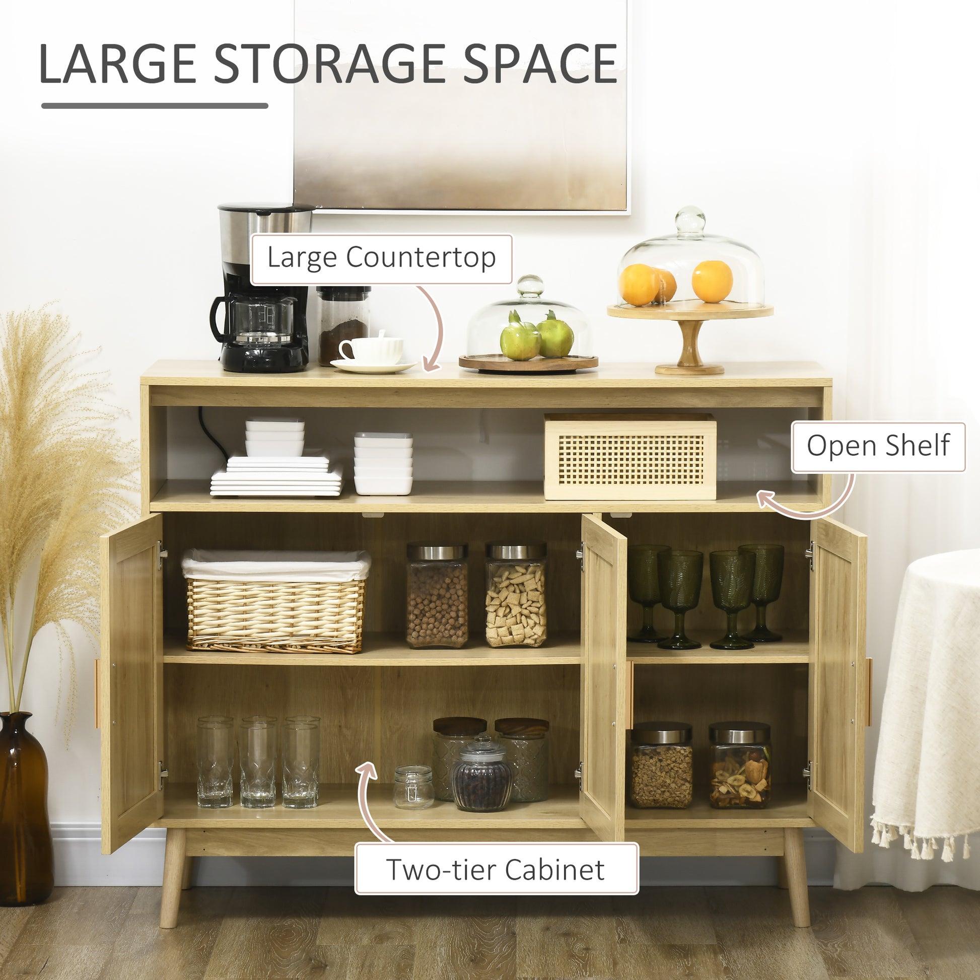 Modern oak buffet cabinet with open shelving and closed storage