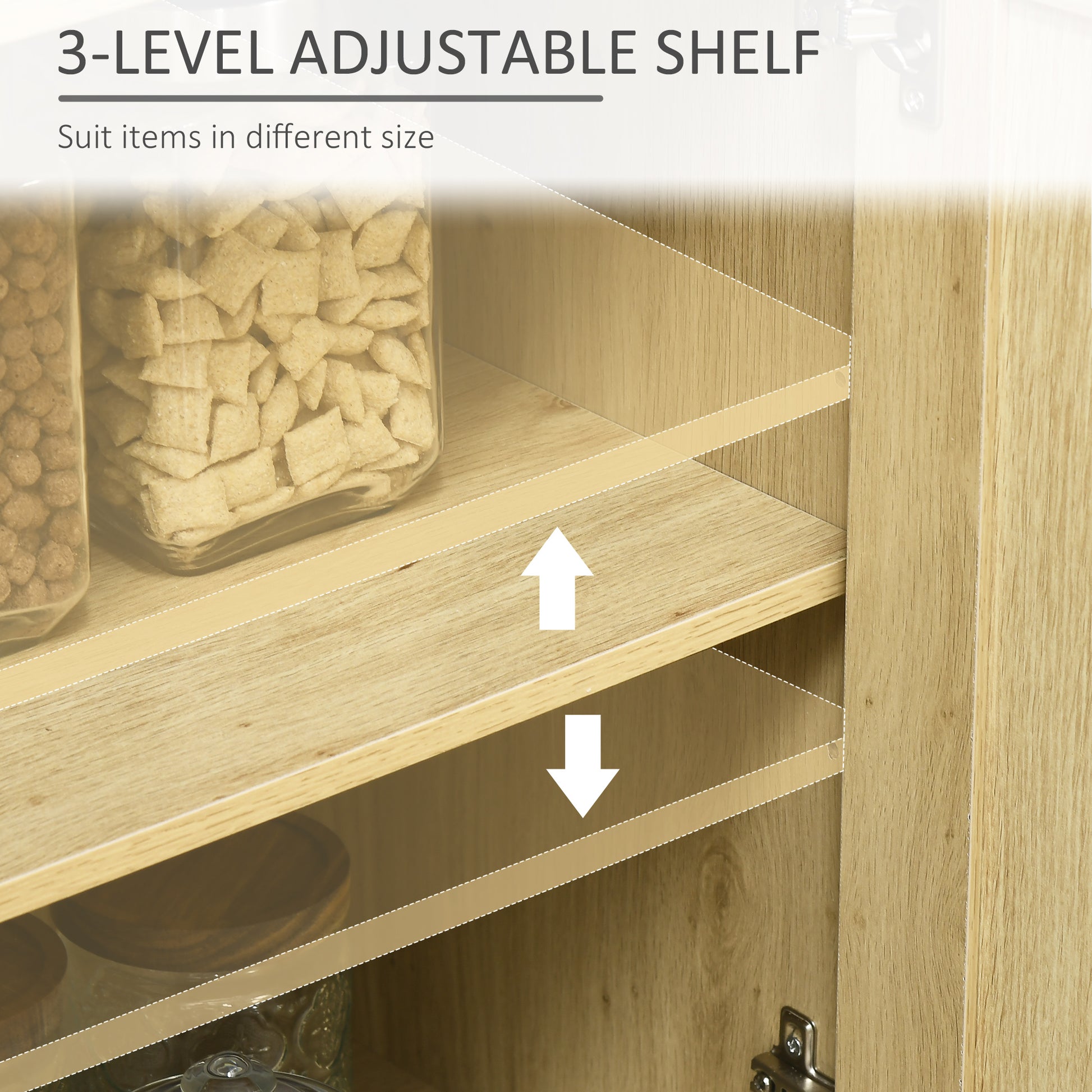 Interior view of light oak level adjustable shelf cabinet with pantry items