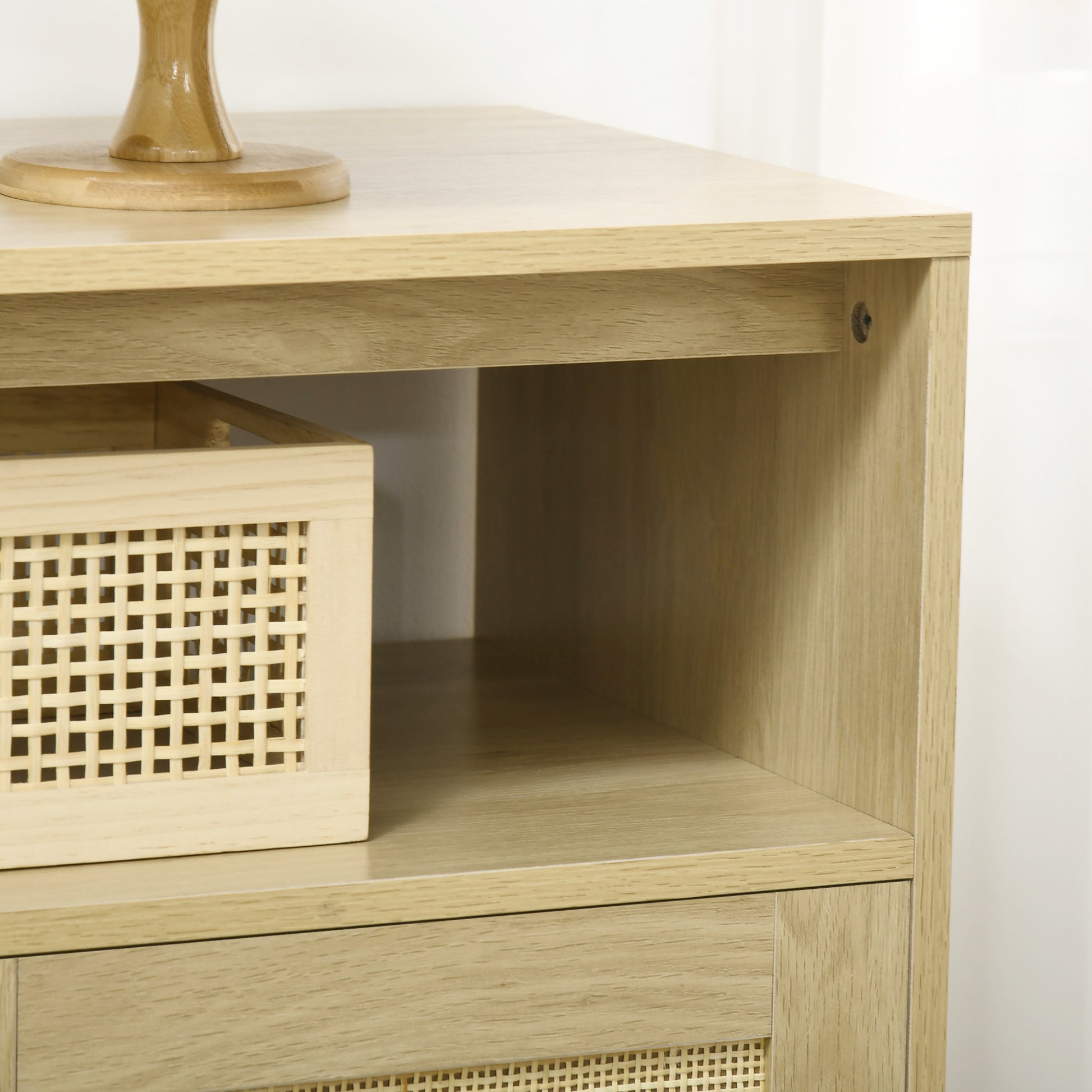 Light oak wood bedside table with woven drawer detail and open shelf