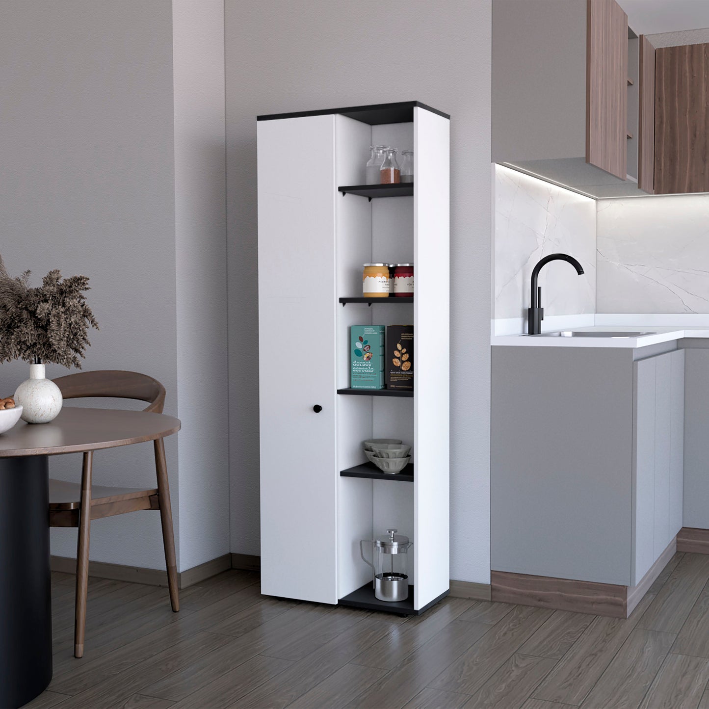 Sleek white and black narrow storage cabinet with open shelves for kitchen items